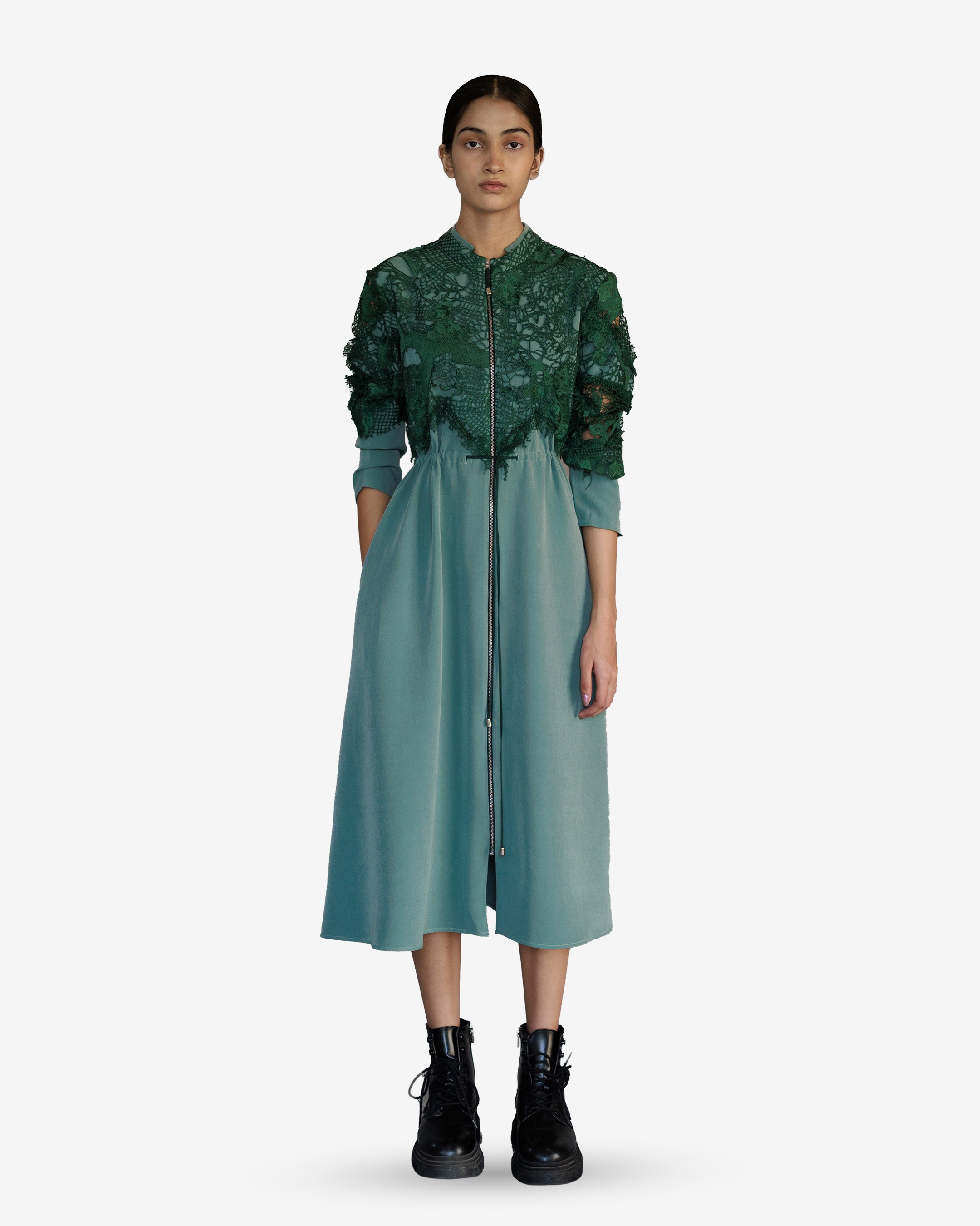 Green Map Embroidery Long Dress