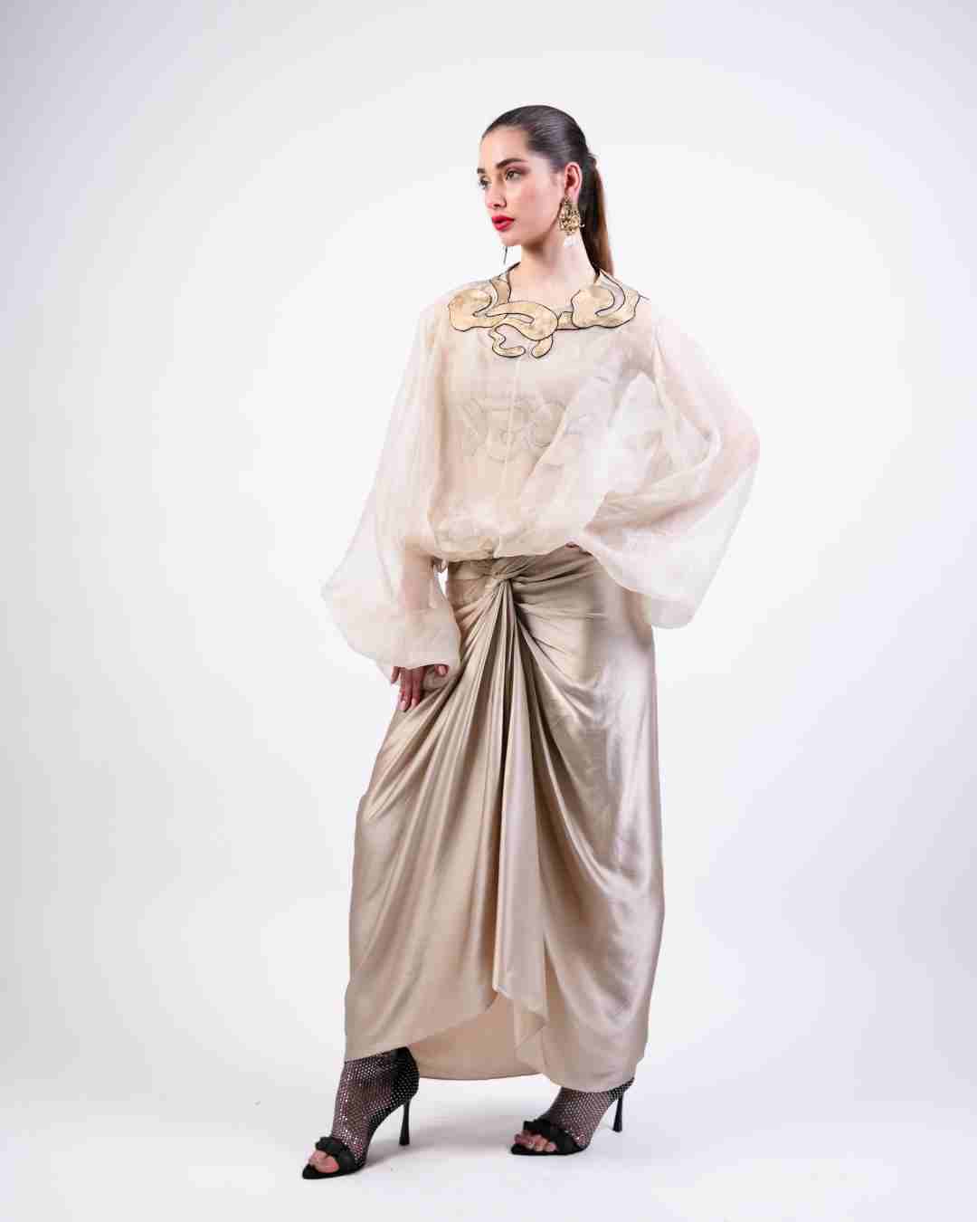 AKOK Beige Silk Organza Baloon Top with skirt and Crop top Co-ords