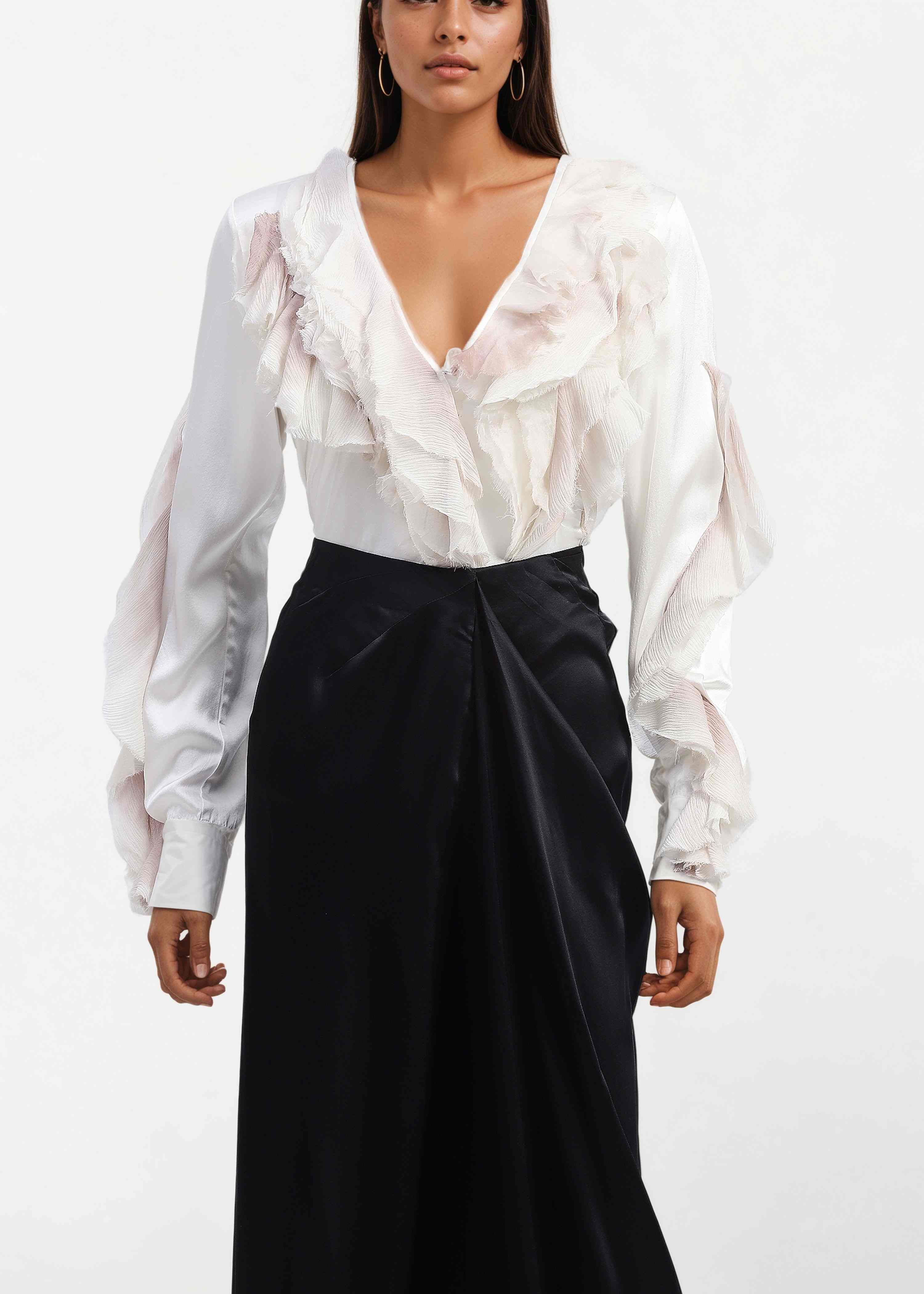 AKOK Multicolor Silk Satin ruffle shirt with satin trouser Co-ords