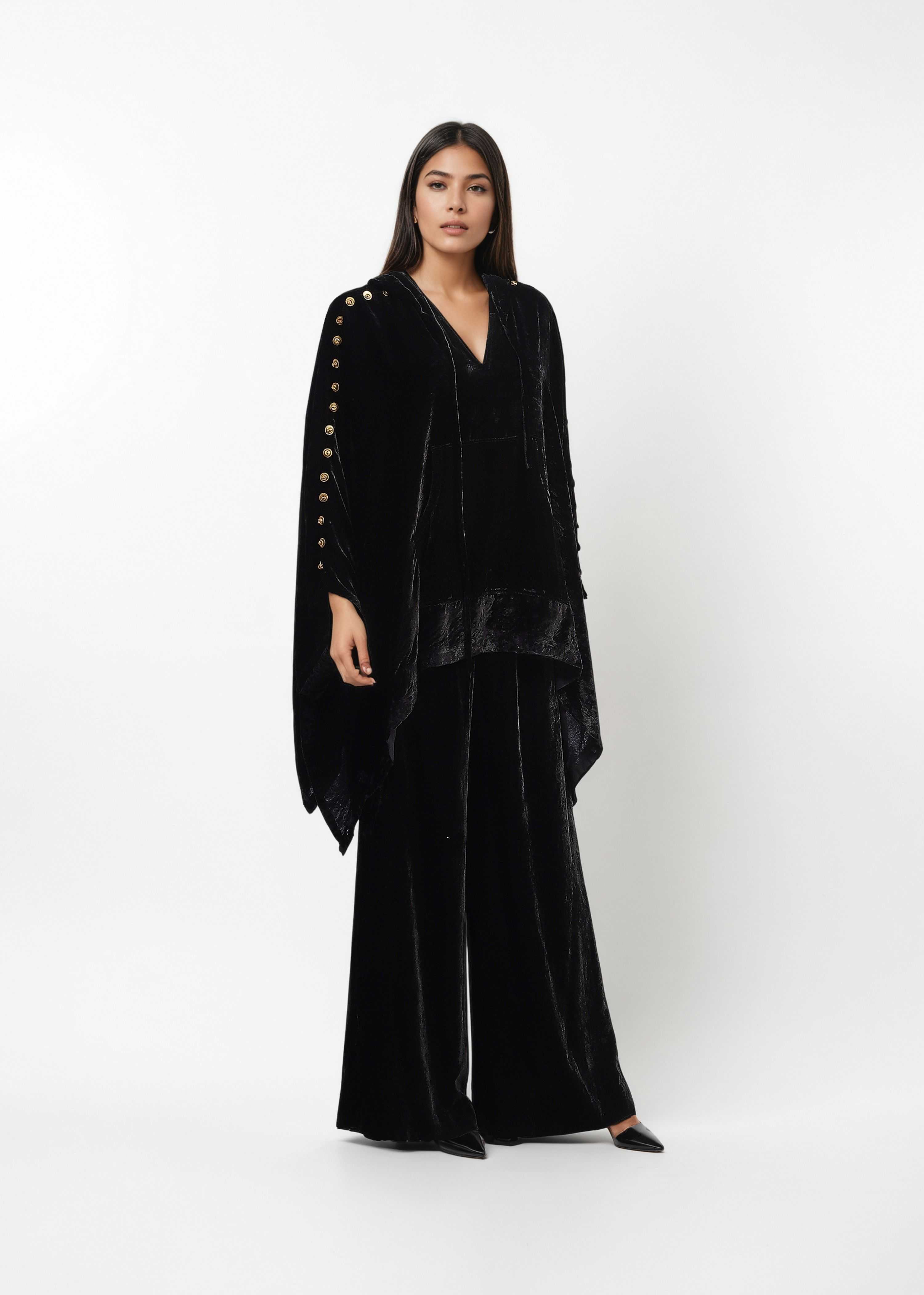 AKOK Black Velvet Hooded Top with Trousers Co-ords