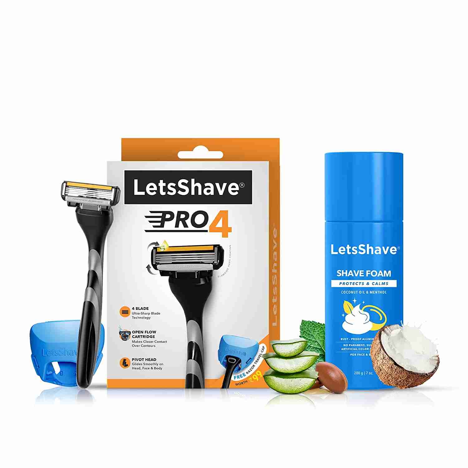 LetsShave Pro 4 Razor Trial Kit for Men - Pro 4 Blade + Razor Handle + Shave Foam - 200 gm
