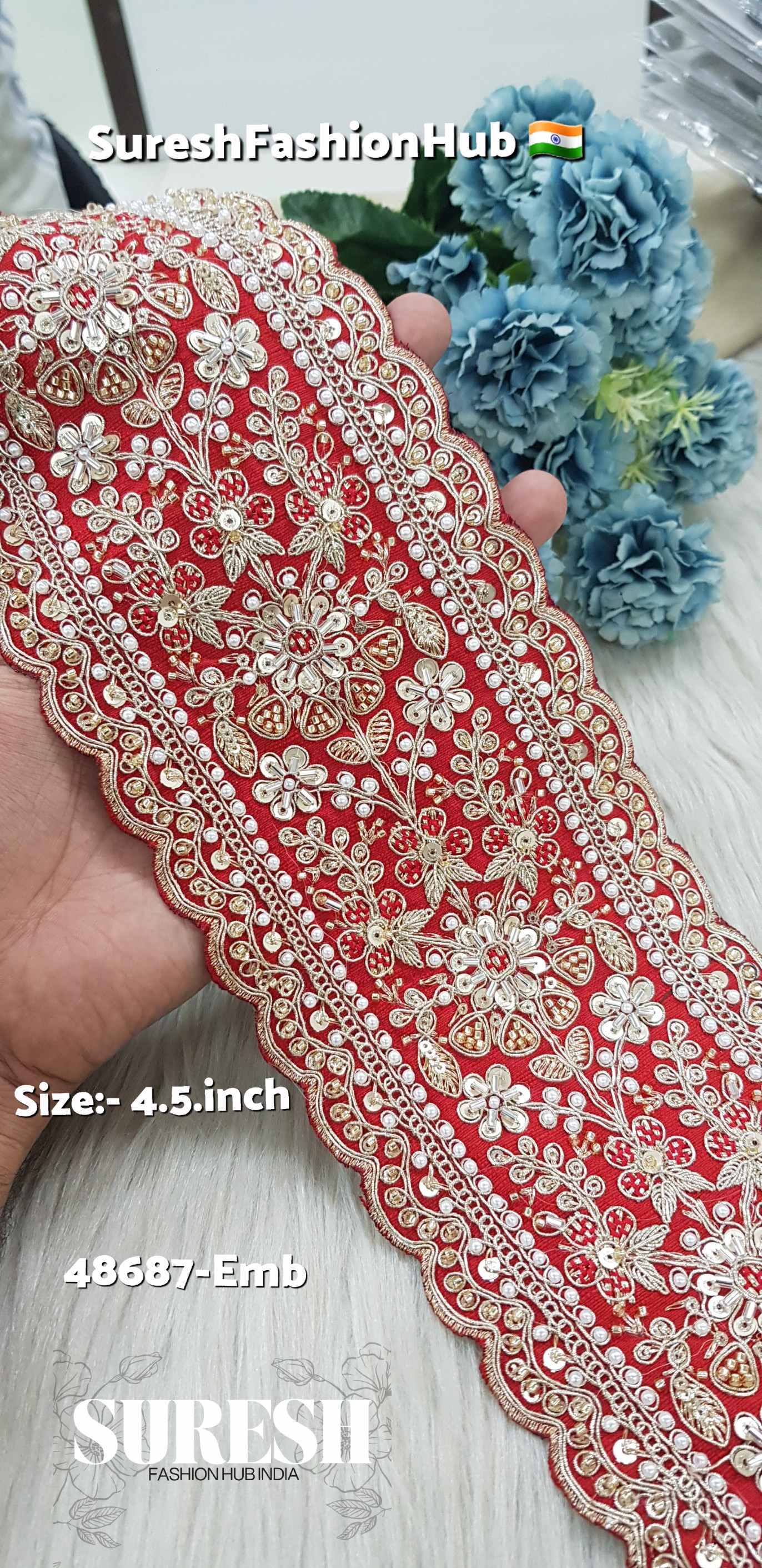 Red Double Scalloped Floral Border – 48687-Emb
