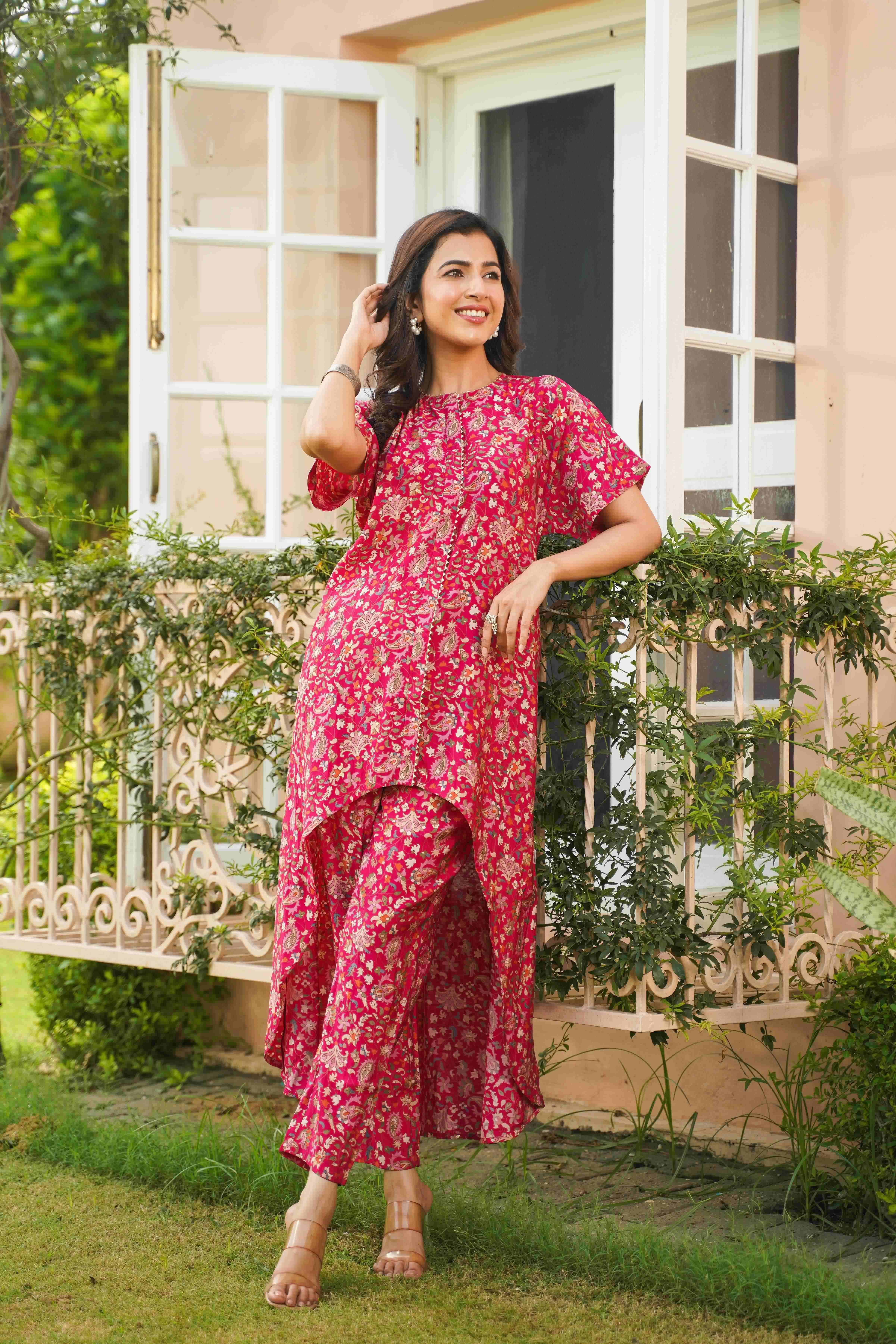 Pink Muslin Printed High-Low Kurta With Pants