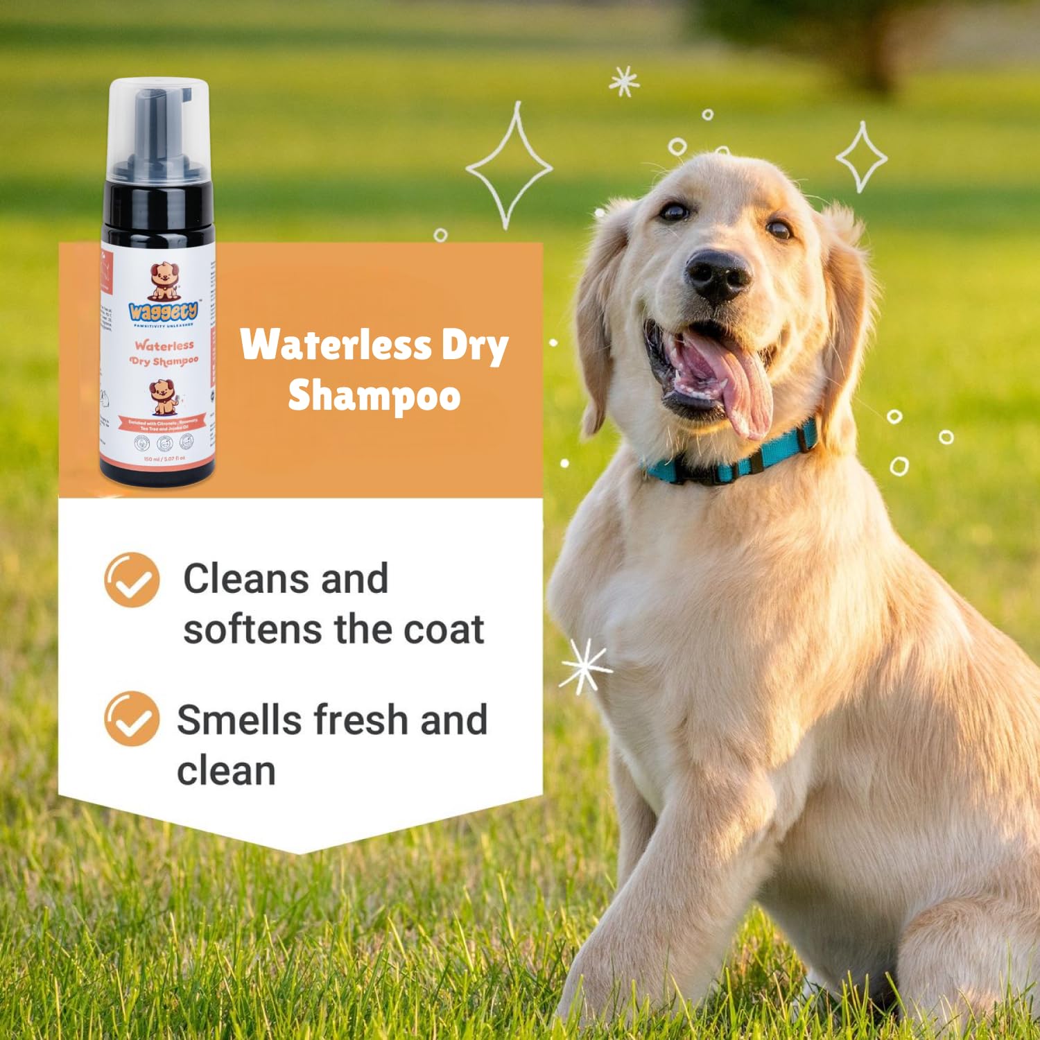 Waggety Waterless Dry Shampoo for Dog, 150 ml