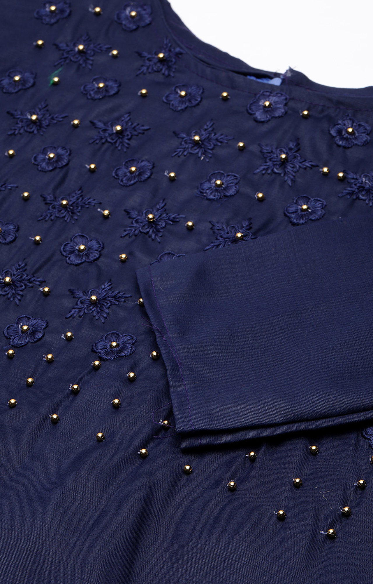Shaily Women Navy Blue Color Cotton Embroidered With Pearl Unstitched Dress Material-VF_KRINA_NBLU_DM