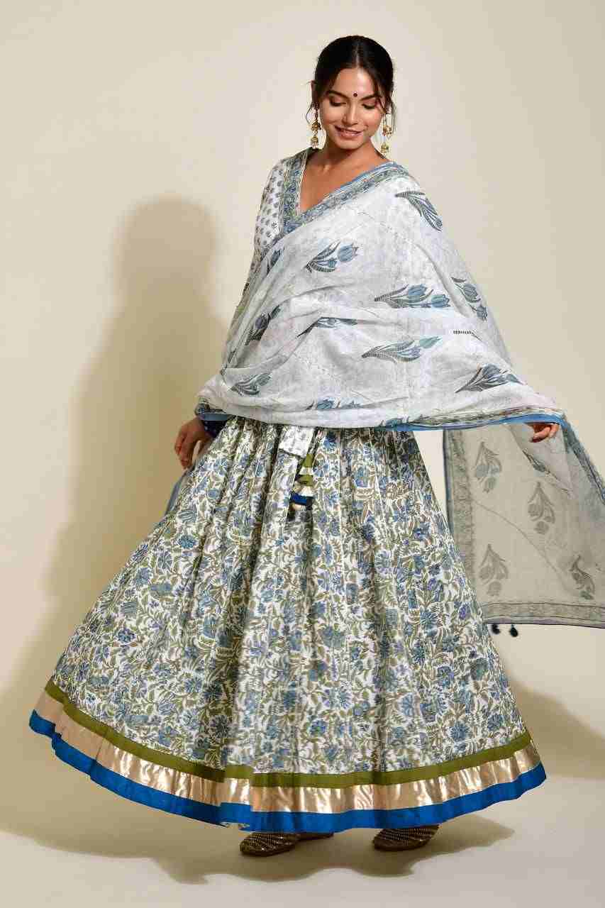 Naksh White and Blue Cotton Skirt, Top, Mulmul Dupatta (Set ot 3)