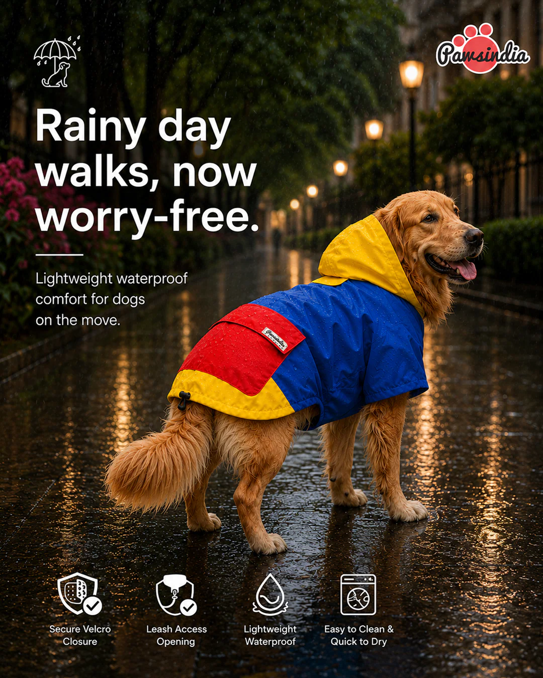 Pawsindia Dog Hooded 360° Raincoat, Navy Blue & Yellow