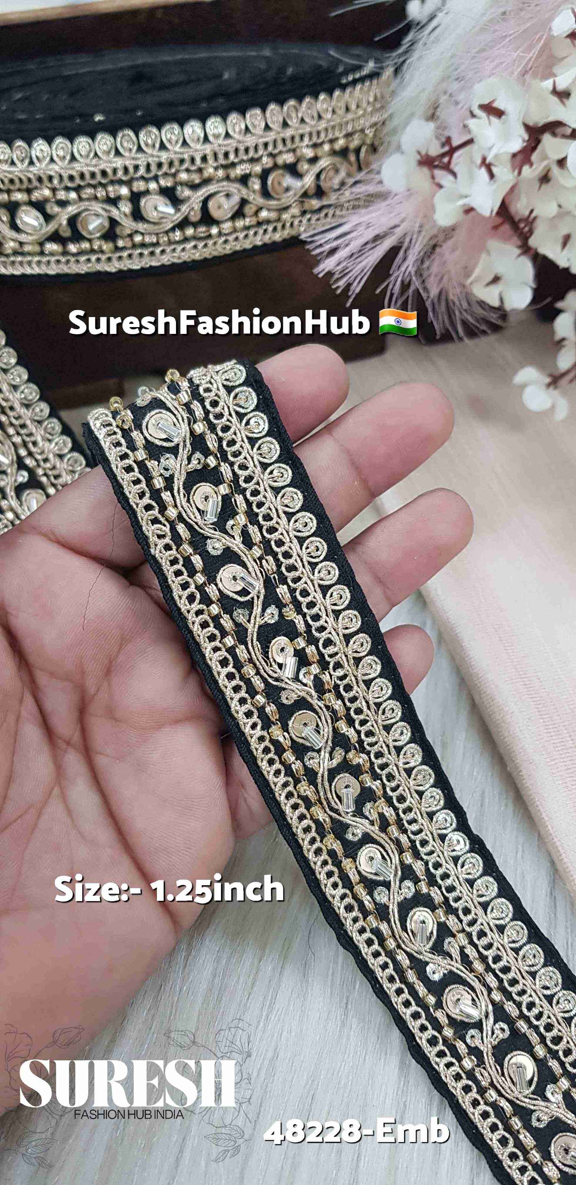Graceful Floral Embroidered Border Black