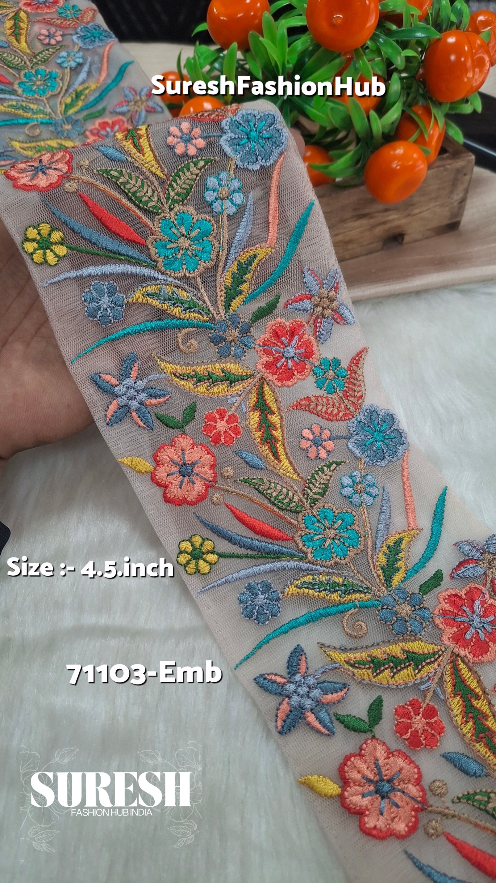 Peach Multi-Thread Floral Net Border – 71103-Emb