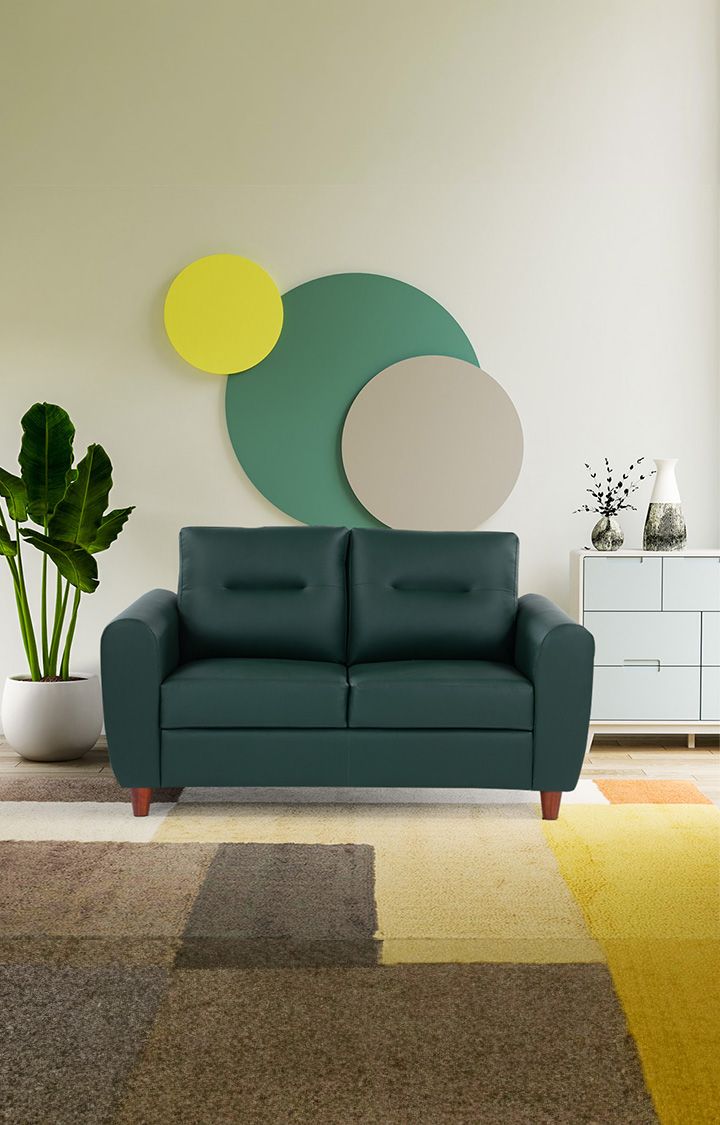 neudot Scott Sofa for Living Room |2 Persons Sofa|Premium Leatherette with Cushioned Armrest | Solid Wood Frame|2 Seater in Castle Green Color