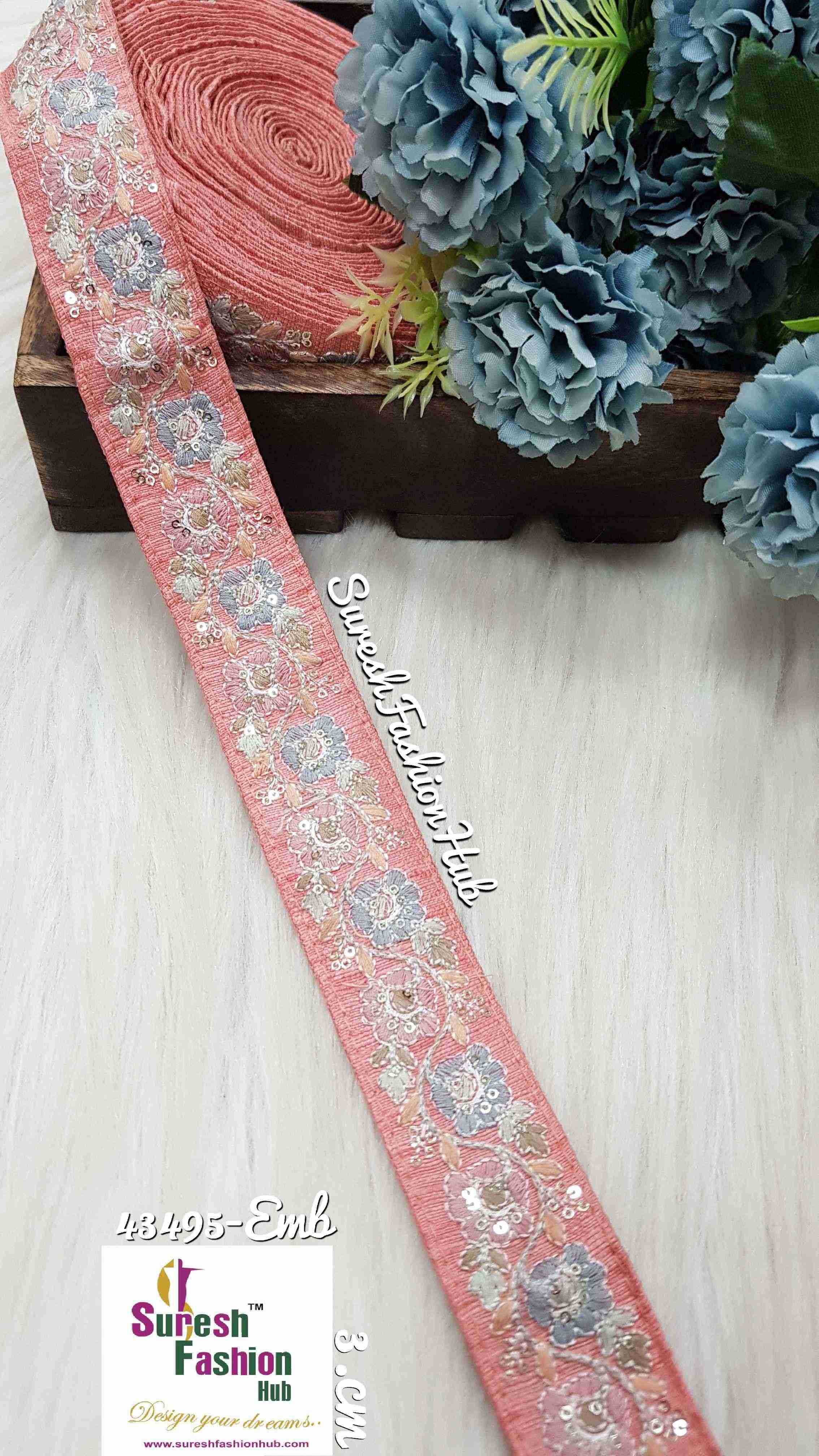 Threaded Flower Bouquet Pink Fabric Sequin Edging Embroidered Trim