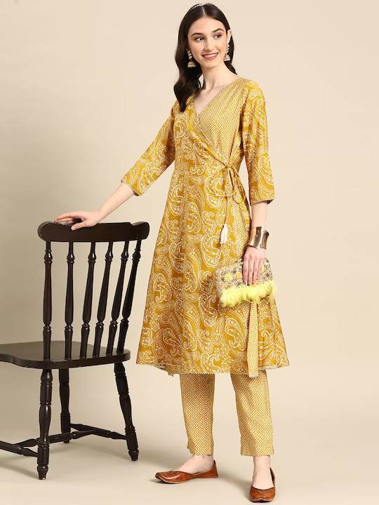 Women Mustard Yellow Ethnic Motifs Printed Angrakha Gotta Patti Kurta with Trousers
