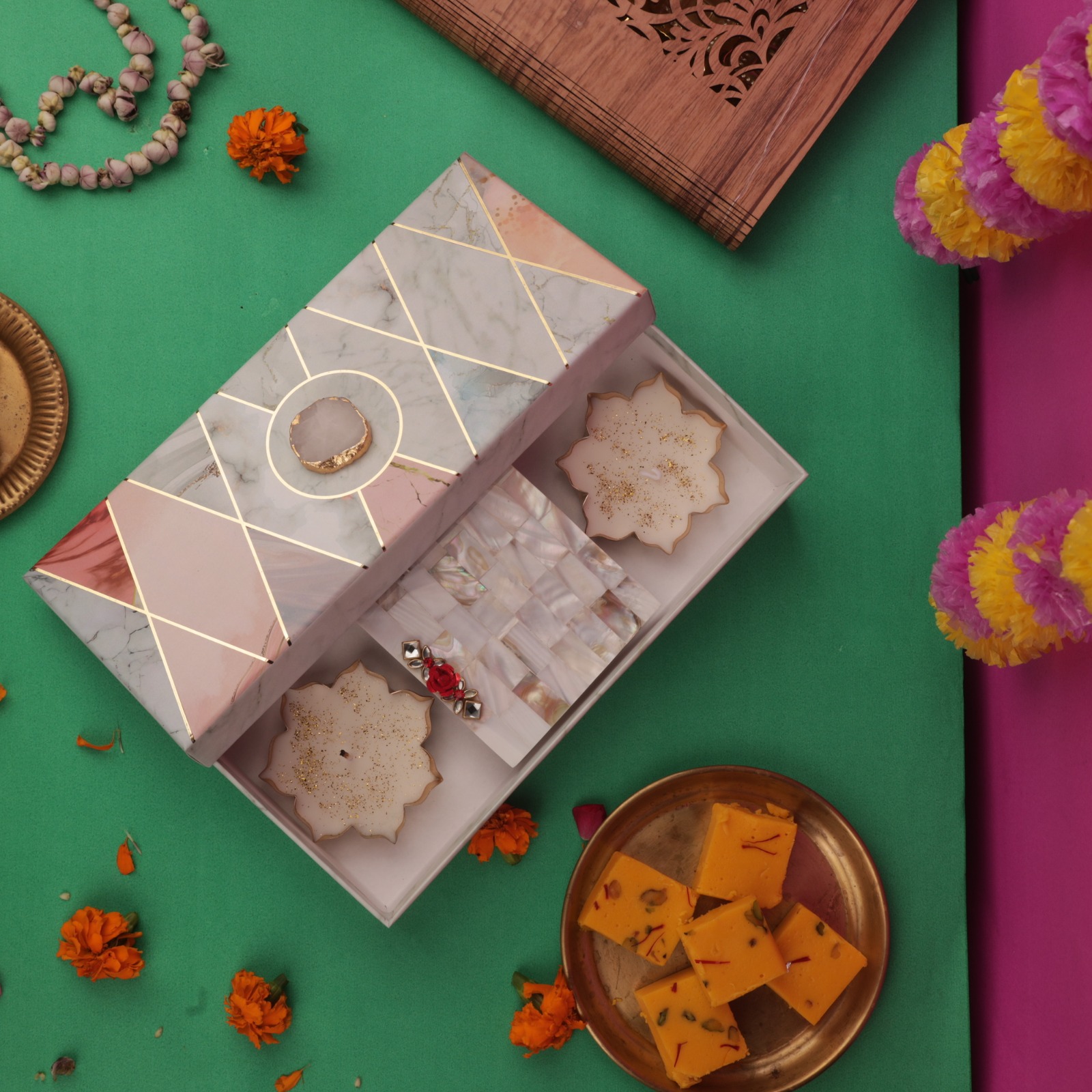 Pearl Chowki  With Metal Votive Candles