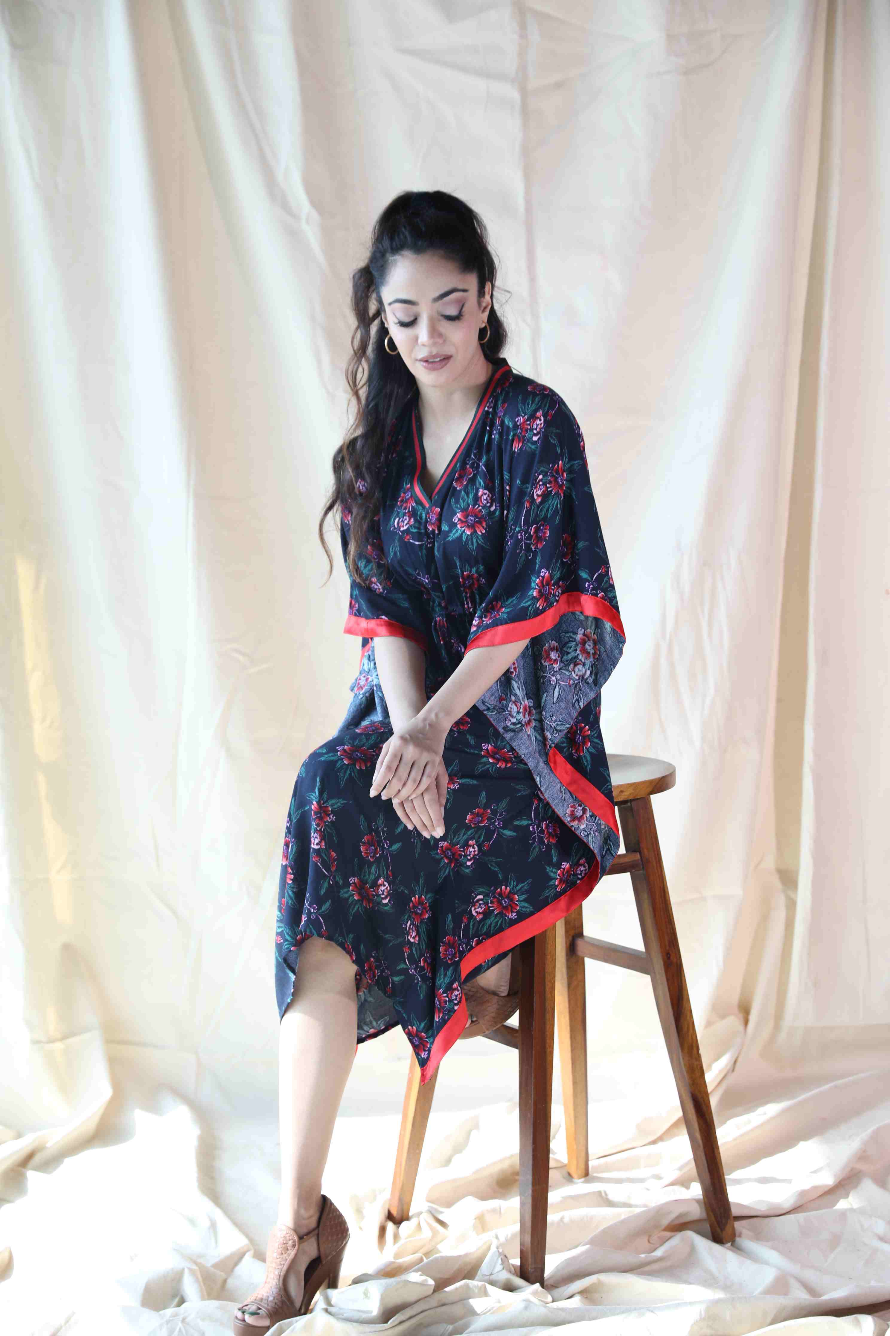 Navy Blue Floral Kaftan Dress