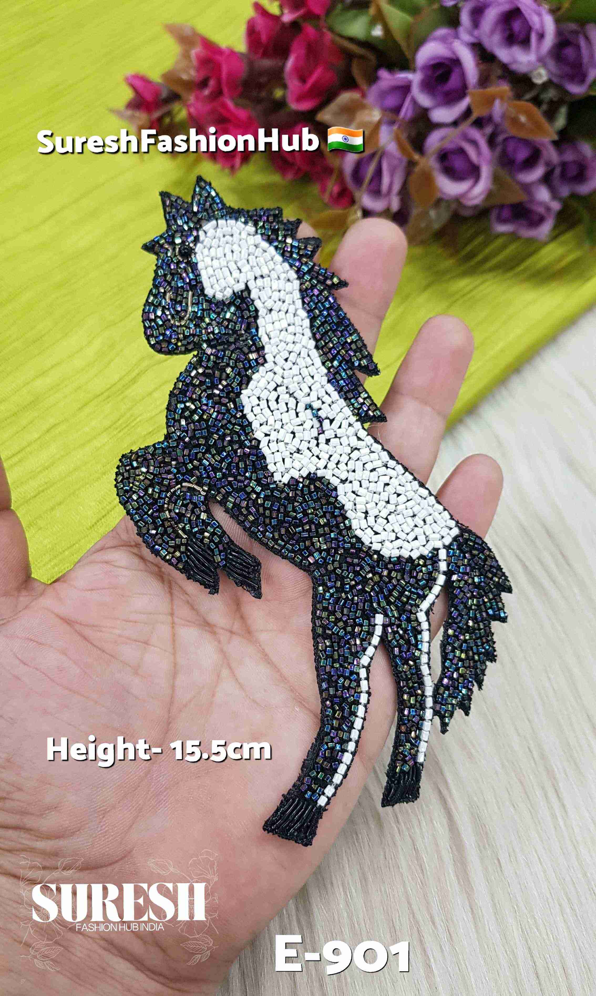 E-901 – Rainbow Grey & White Jumping Horse Patch (Left Facing)