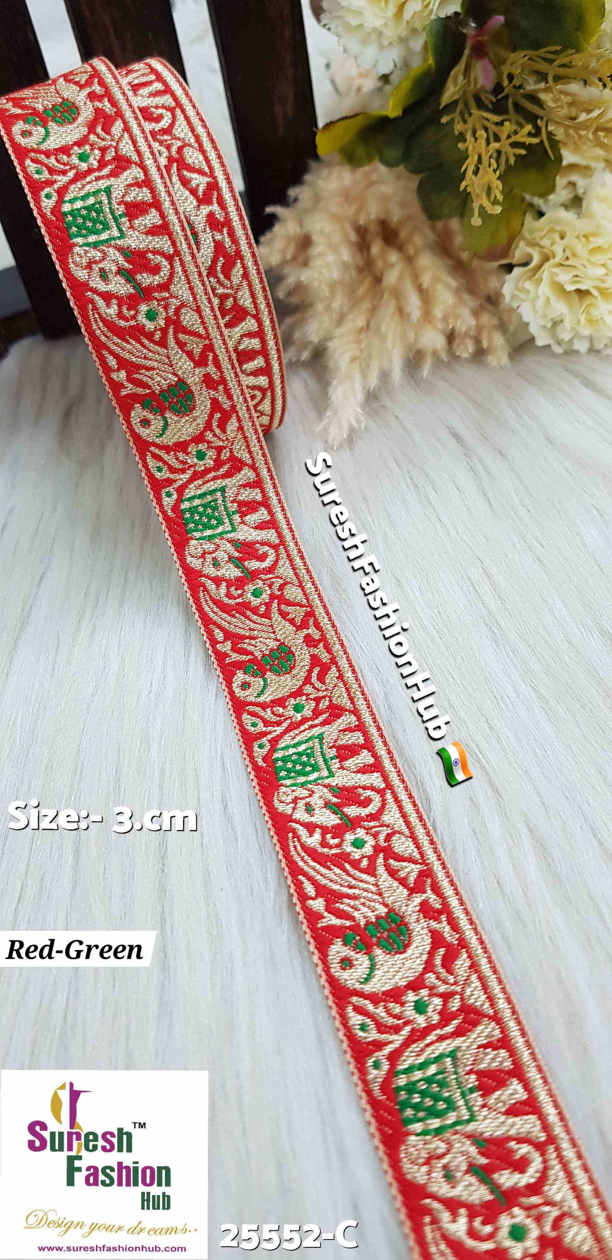 Red & Green Color Elephant Parrot Banarasi Lace