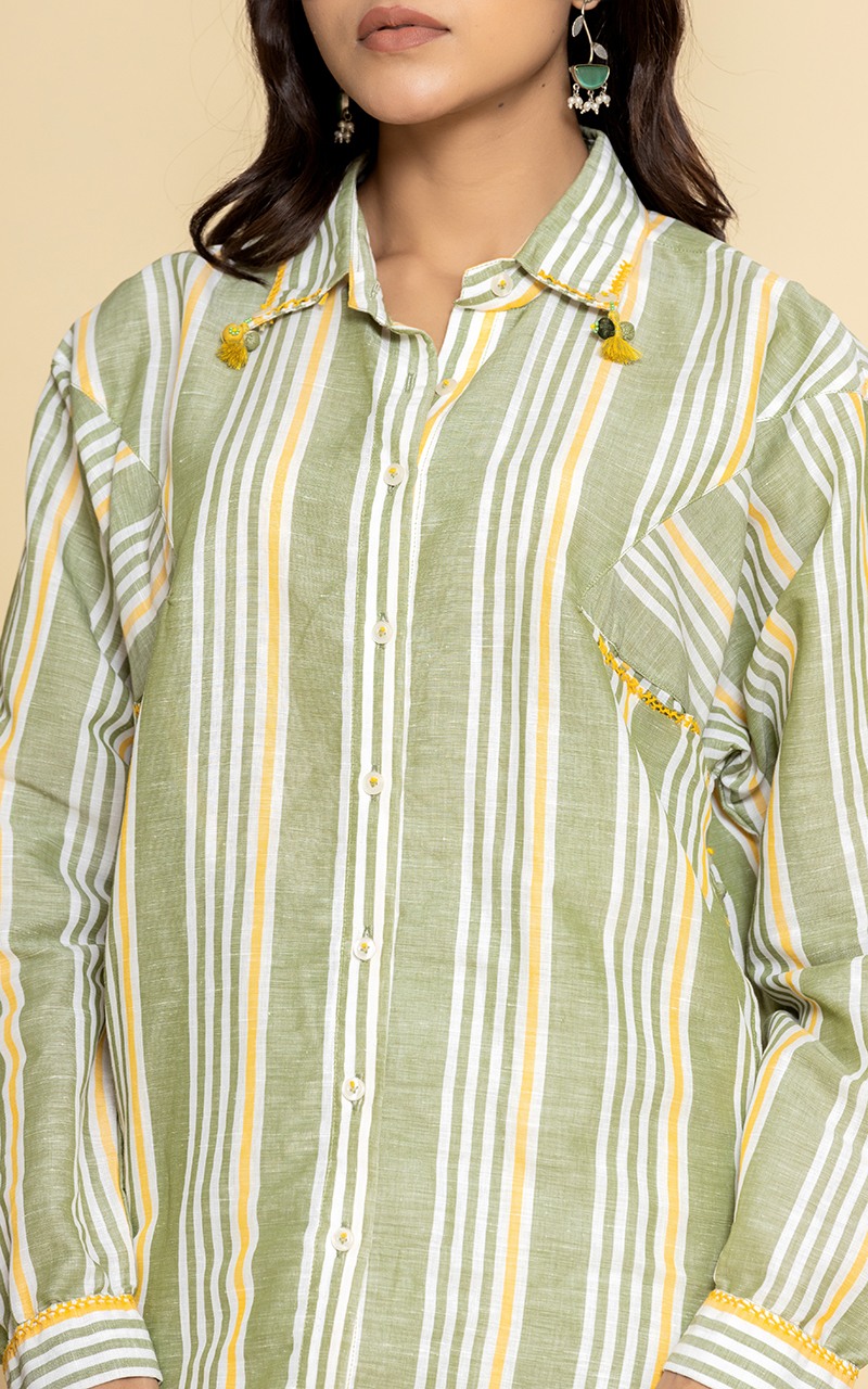 Green and yellow striped linen shirt and pants
