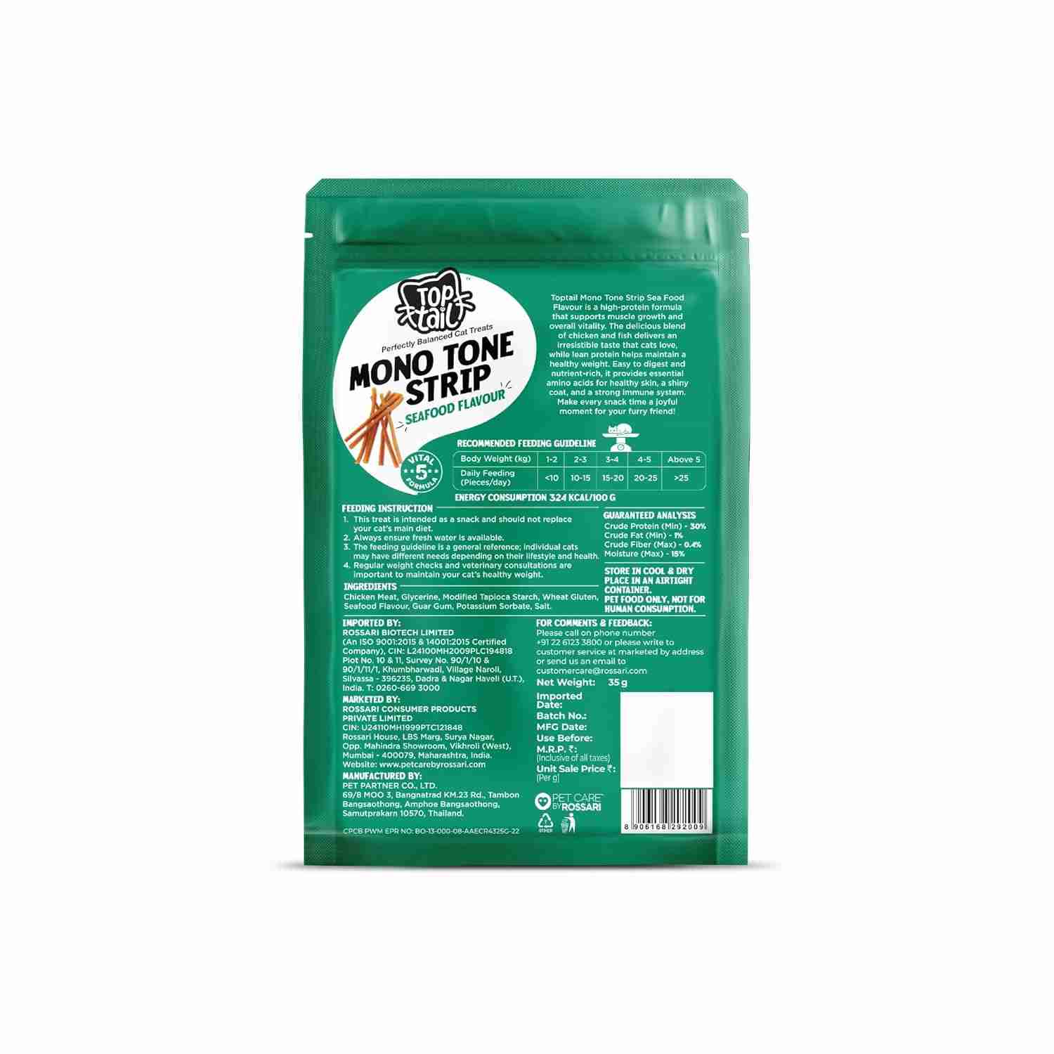 Top tail Mono Tone Strips Seafood Treats for Cats 35 g