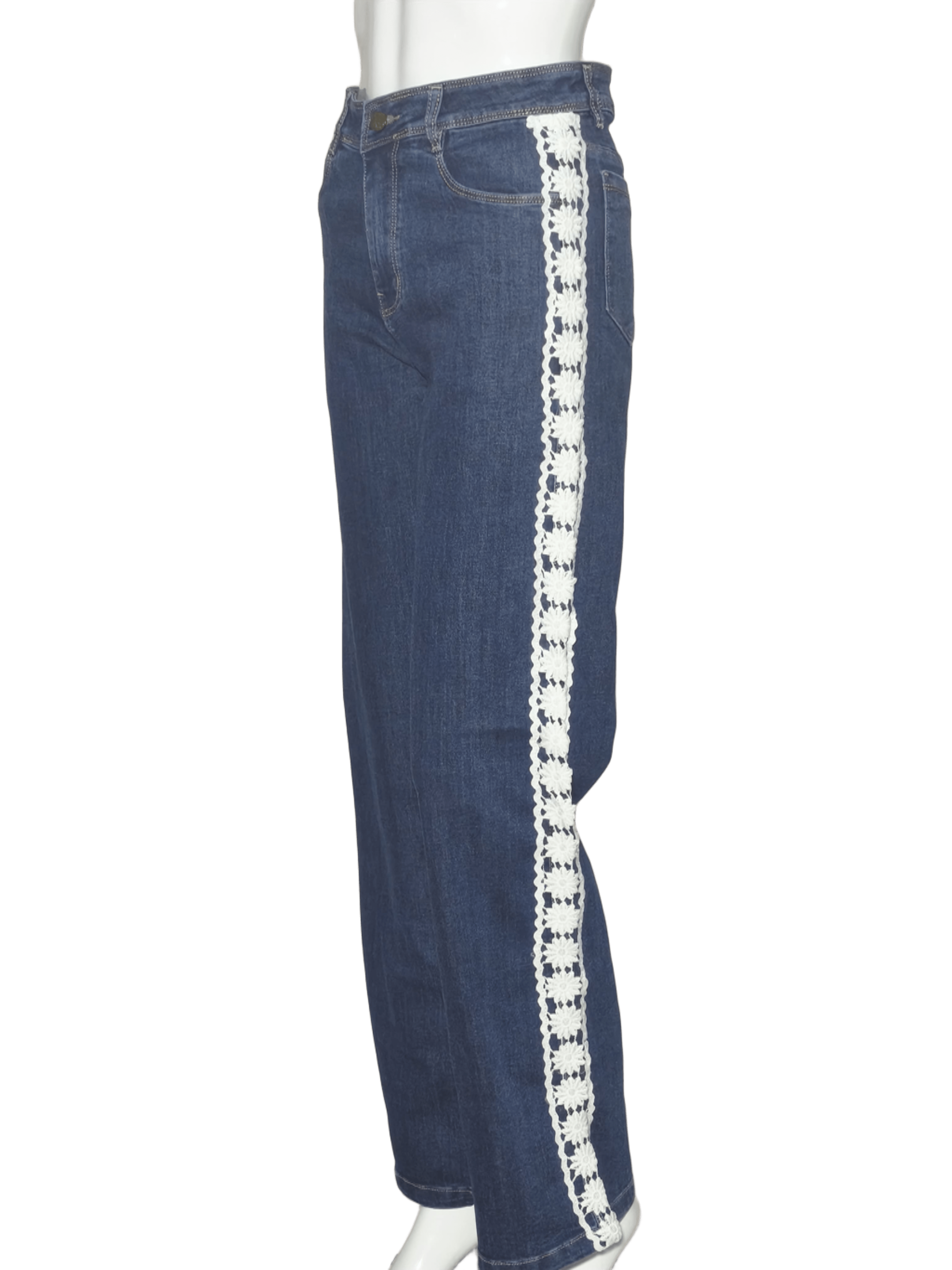 Network Women's Dark Blue Straight-Fit Denim Jeans with Crochet Lace Trim
