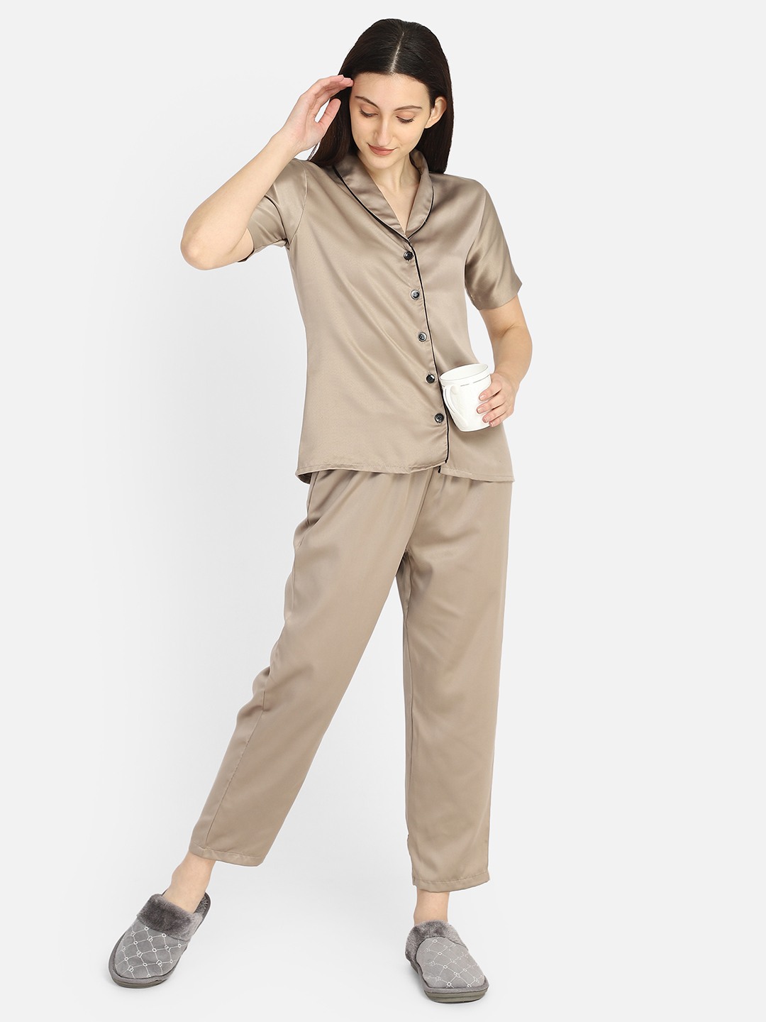 Smarty Pants women's silk satin chocolate brown color shawl collar night suit.
