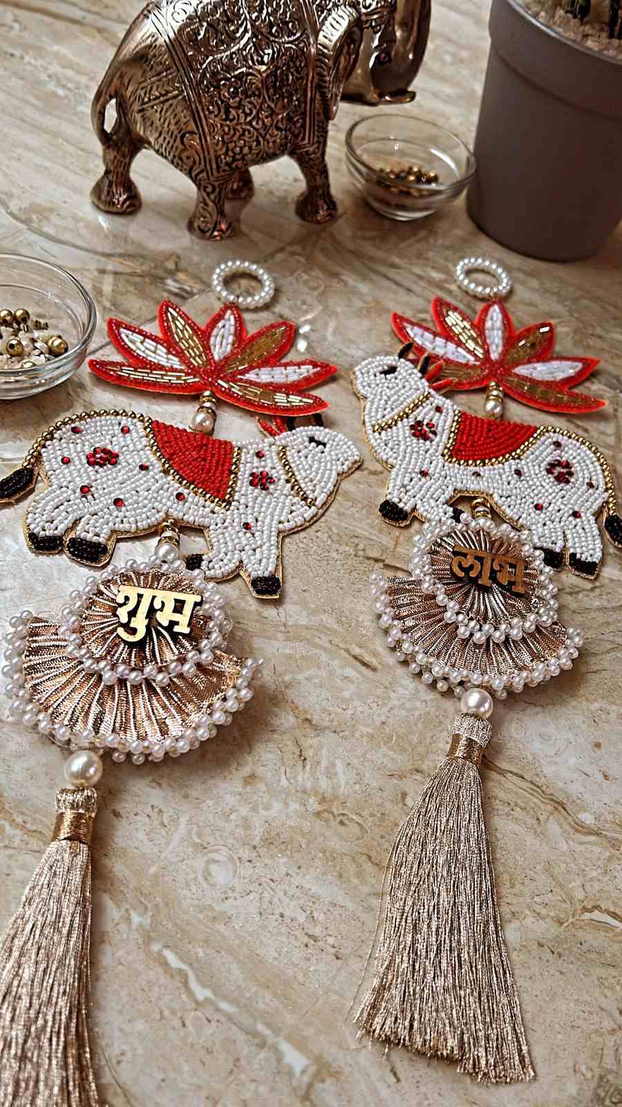 Pichwai Red Pearl Shubh-Labh hanging
