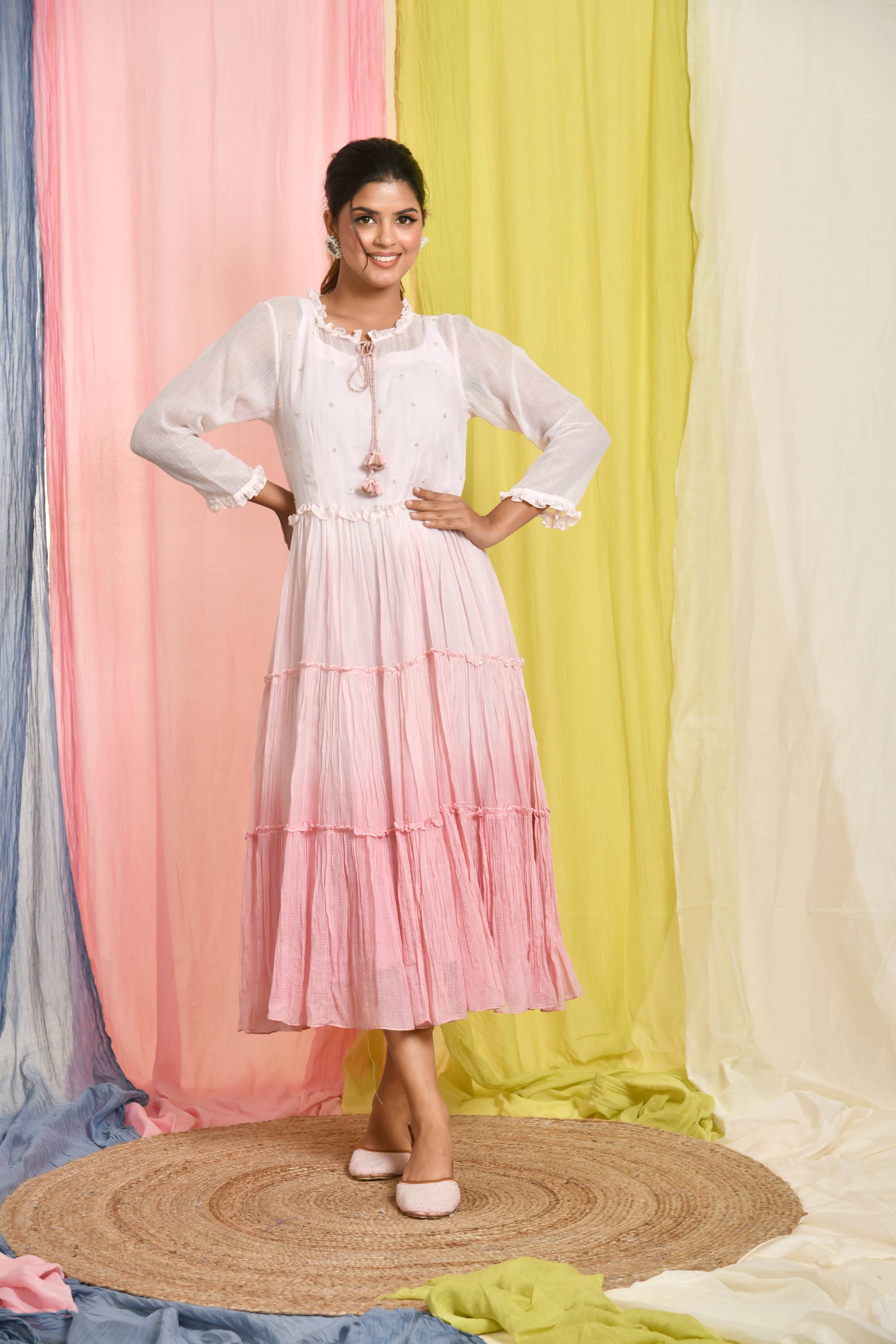 KAARAH BY KAAVYA | Pink Kota Doriya Shaded Tiered Dress undefined