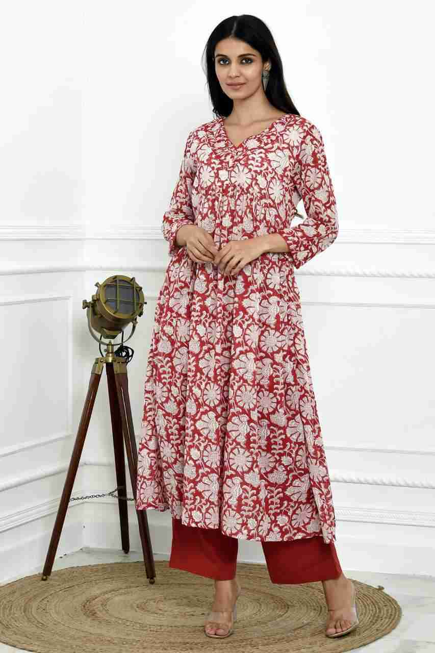 Naksh Red And White Block Printed Gathered Kurta With Pants (Set of 2)