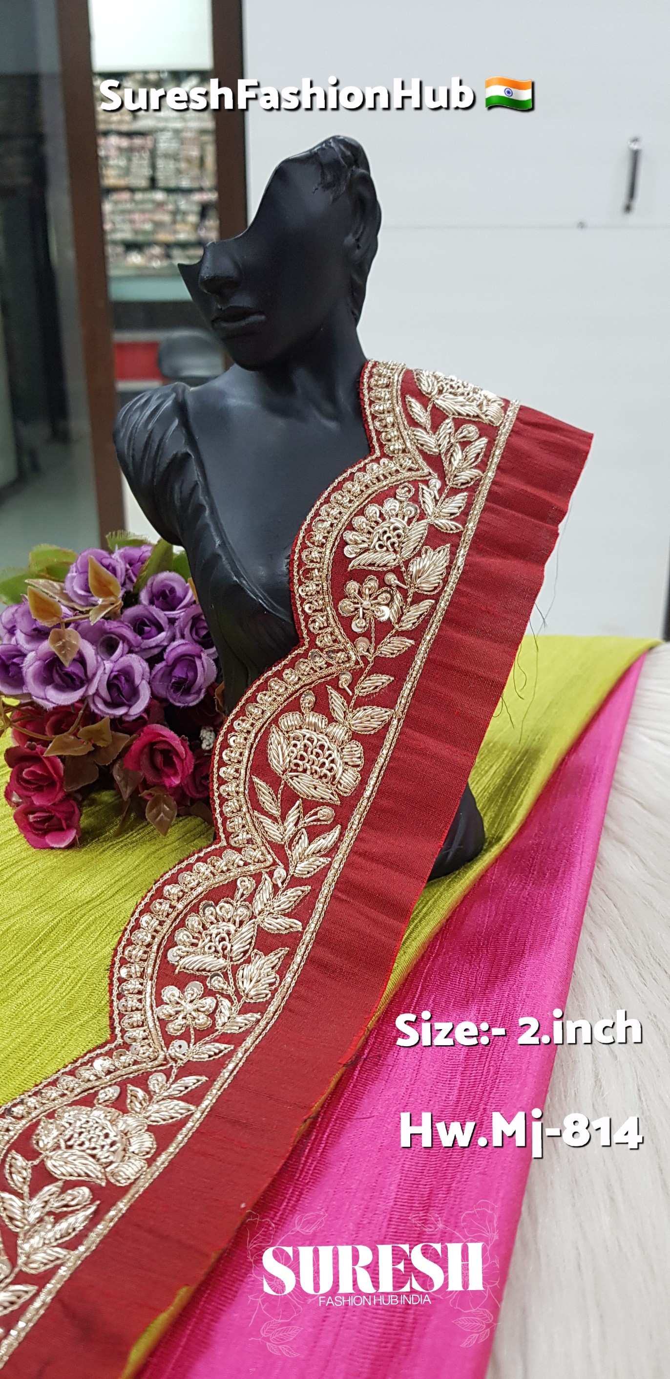 Maroon Zardosi Floral Scallop Lace Design Number: Mj-814