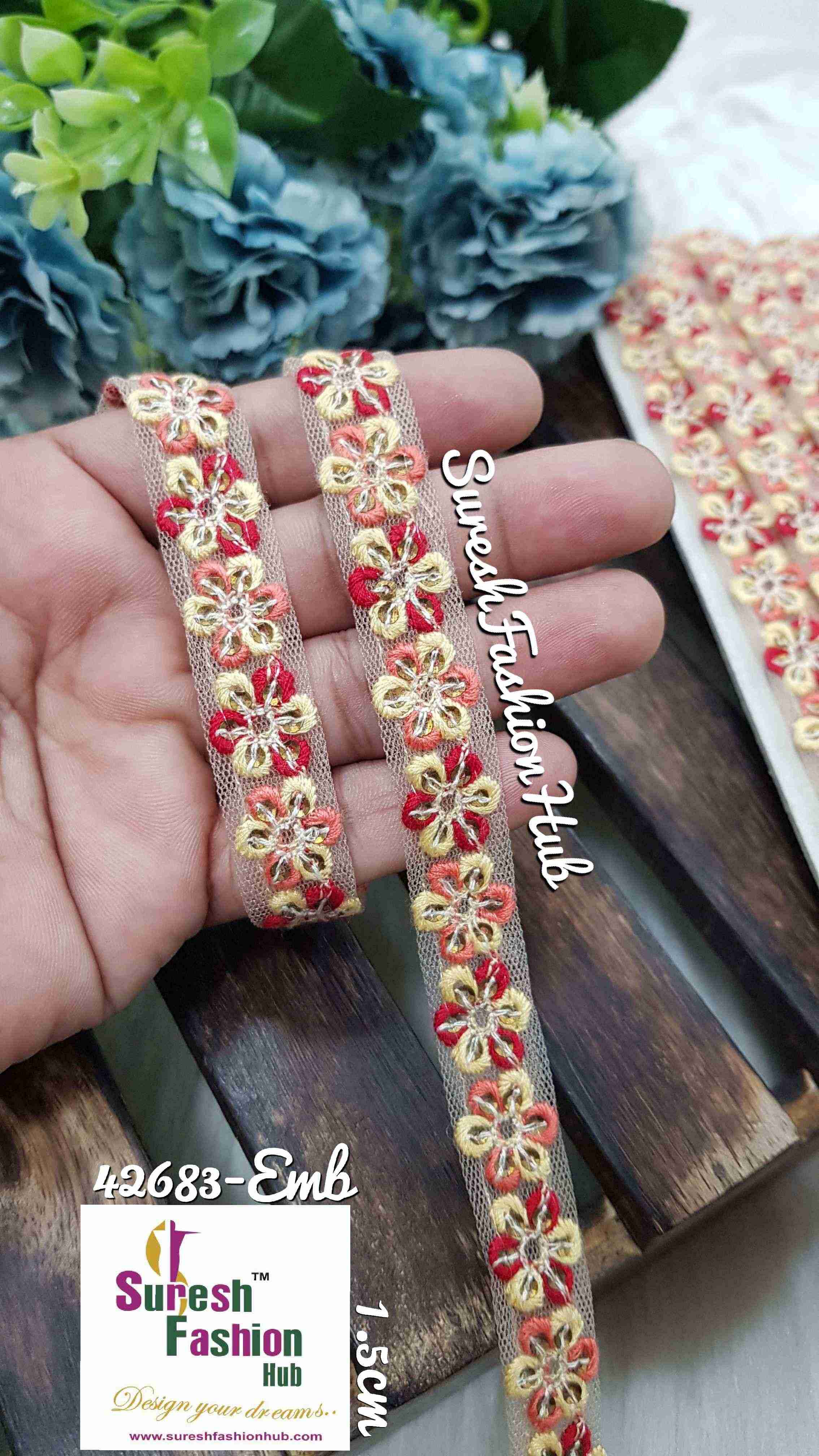 Colorful Threaded Flowerbed  On Net Embroidered  Trims
