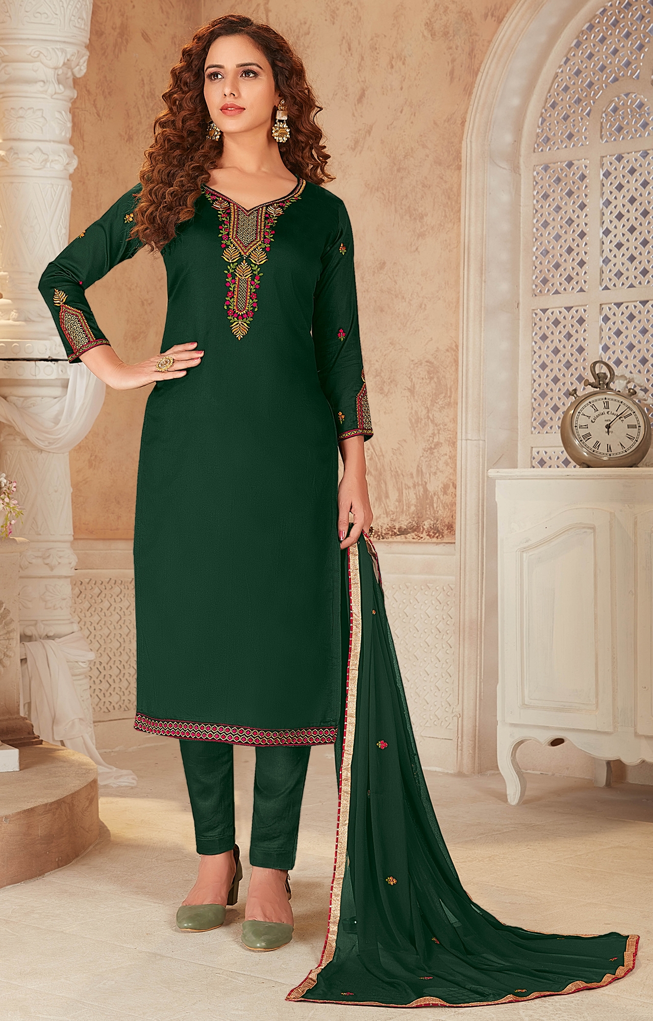 Green Color Cotton Embroidered Unstitched Dress Material-FL_PANKHUDI1064_DM