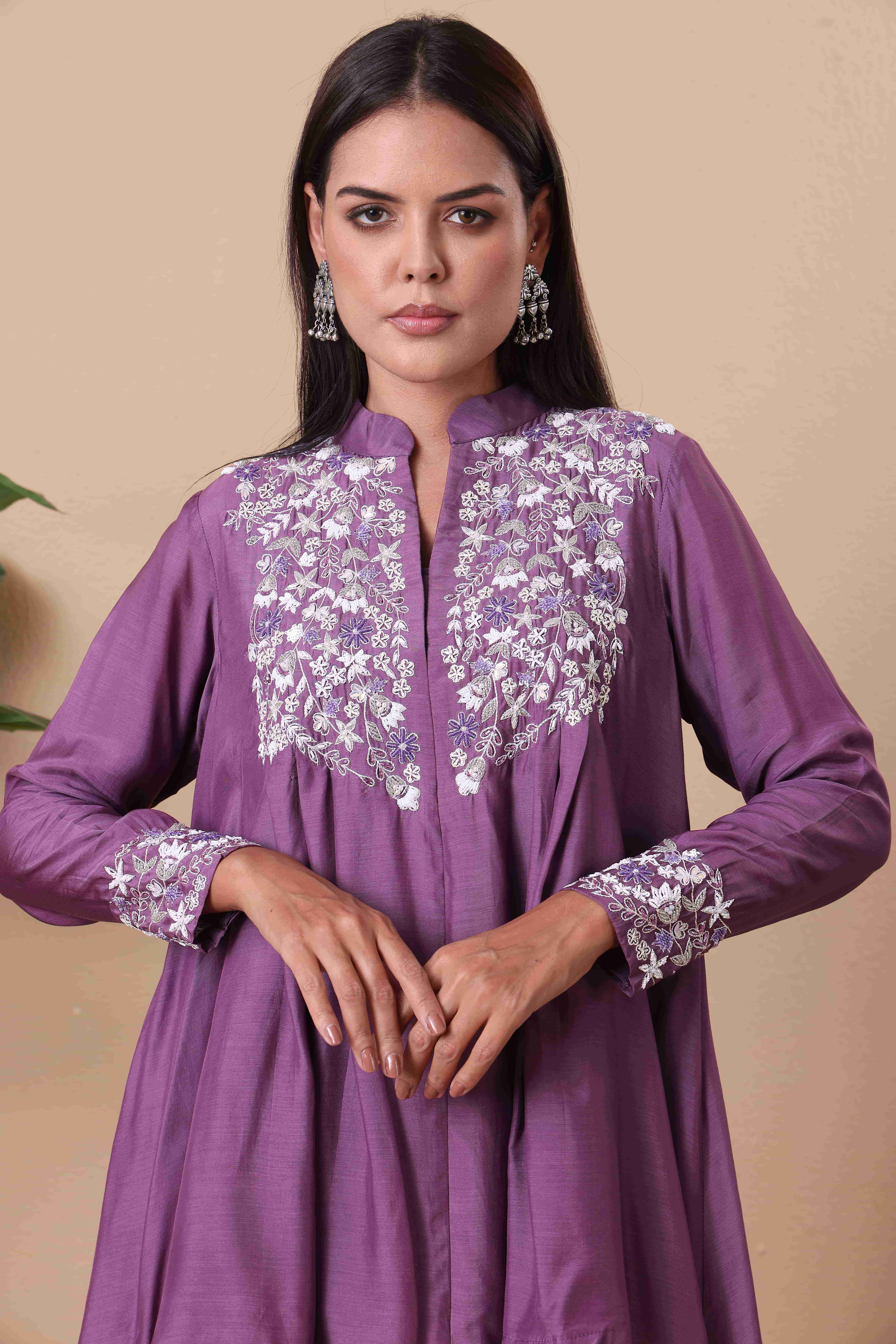 Lavender Flowy Kurta Set with Delicate Embroidery