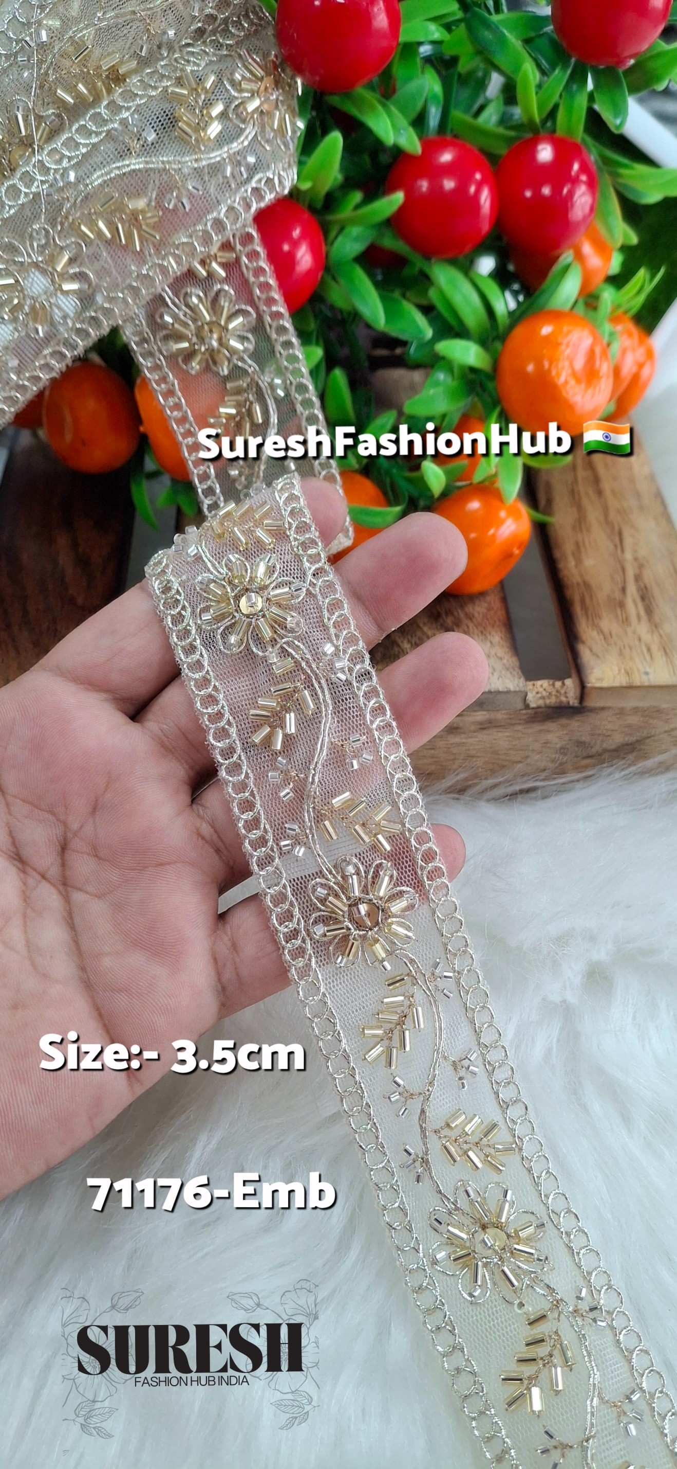 Pearl Gold Floral Cutdana Embroidery Lace – Design No. 71176-Emb-