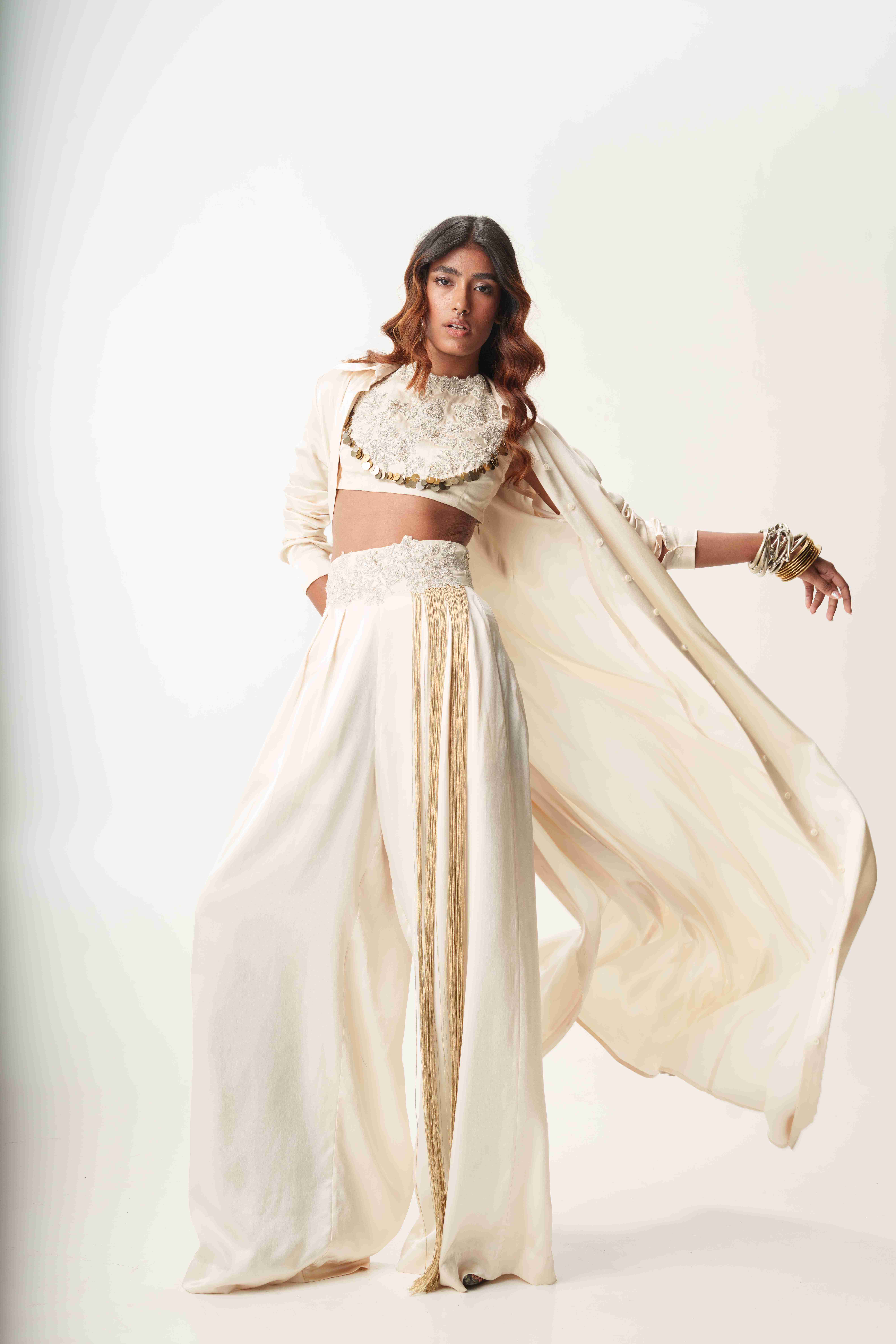 Shirt Dress with emb. Crop top & Trouser
