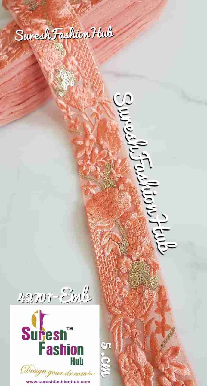 Golden Zari Threaded Petals On  Peach Net Embroidery Trim