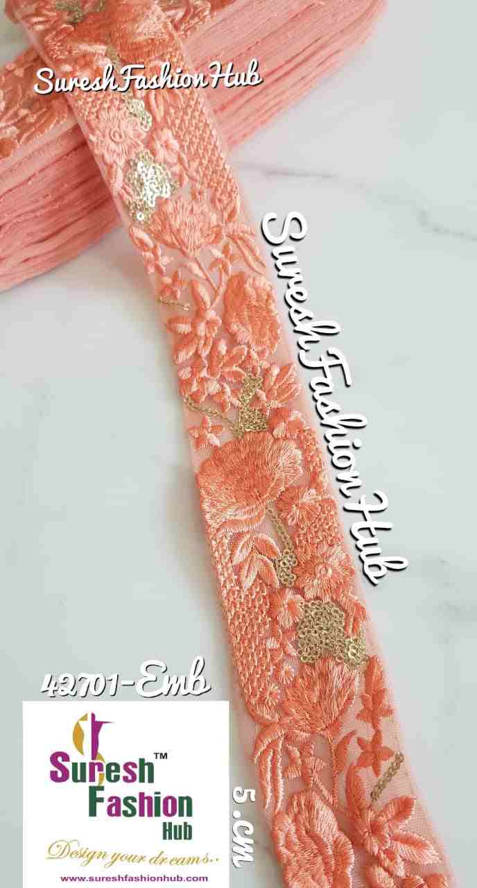 Golden Zari Threaded Petals On  Peach Net Embroidery Trim