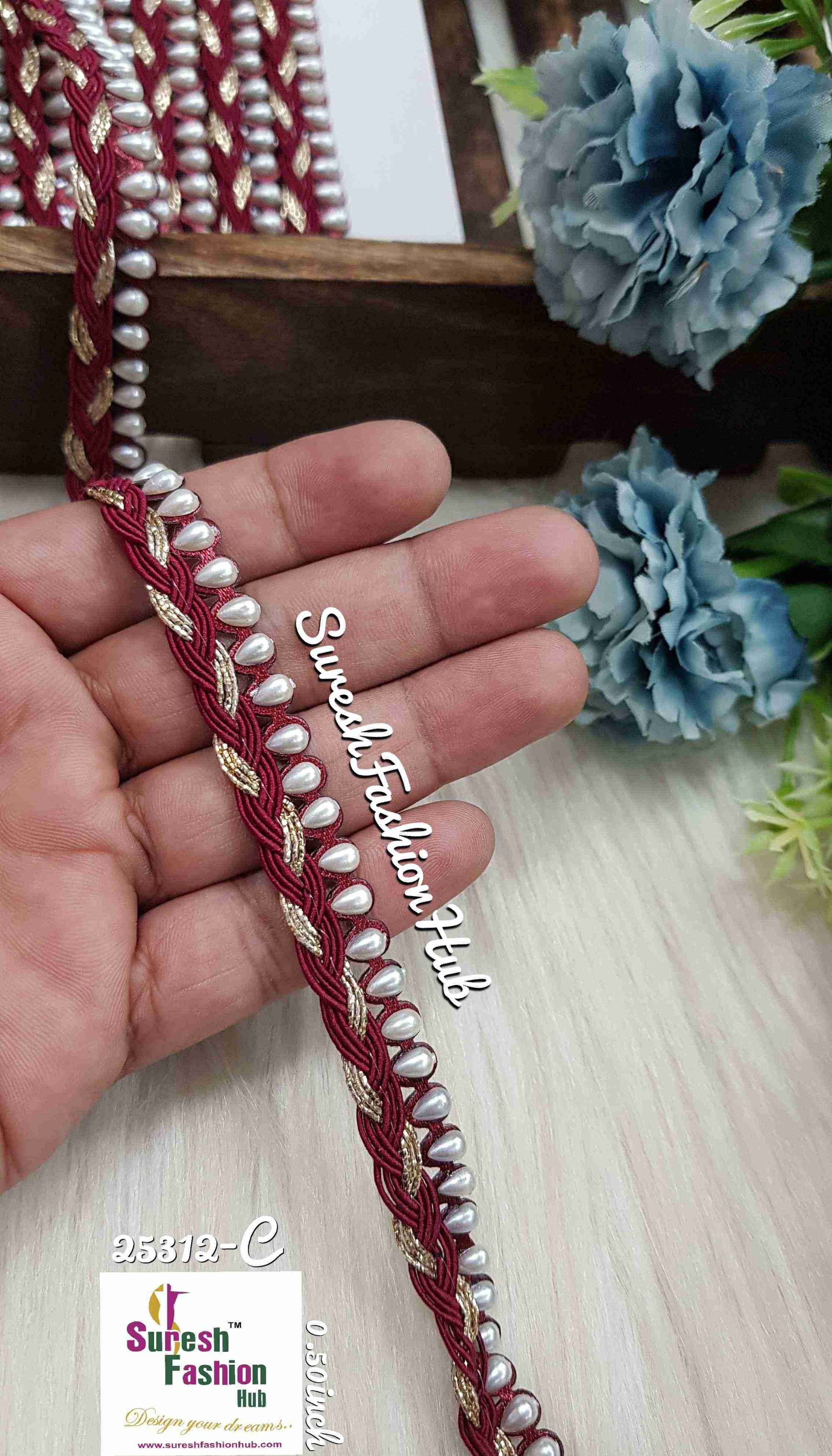 Here are some SEO-optimized ALT text suggestions for your lace products:  1. "Luxurious Pearl Shade Jhalar Lace - Glitter Embellished Trim" 2. "Machine-Made Scalloped Lace - Elegant Border for Sarees" 3. "Gota and Zari Lace for Sarees - Traditional Ethnic Embellishment" 4. "Decorative Jhalar Lace with Glitter Dori - Fe