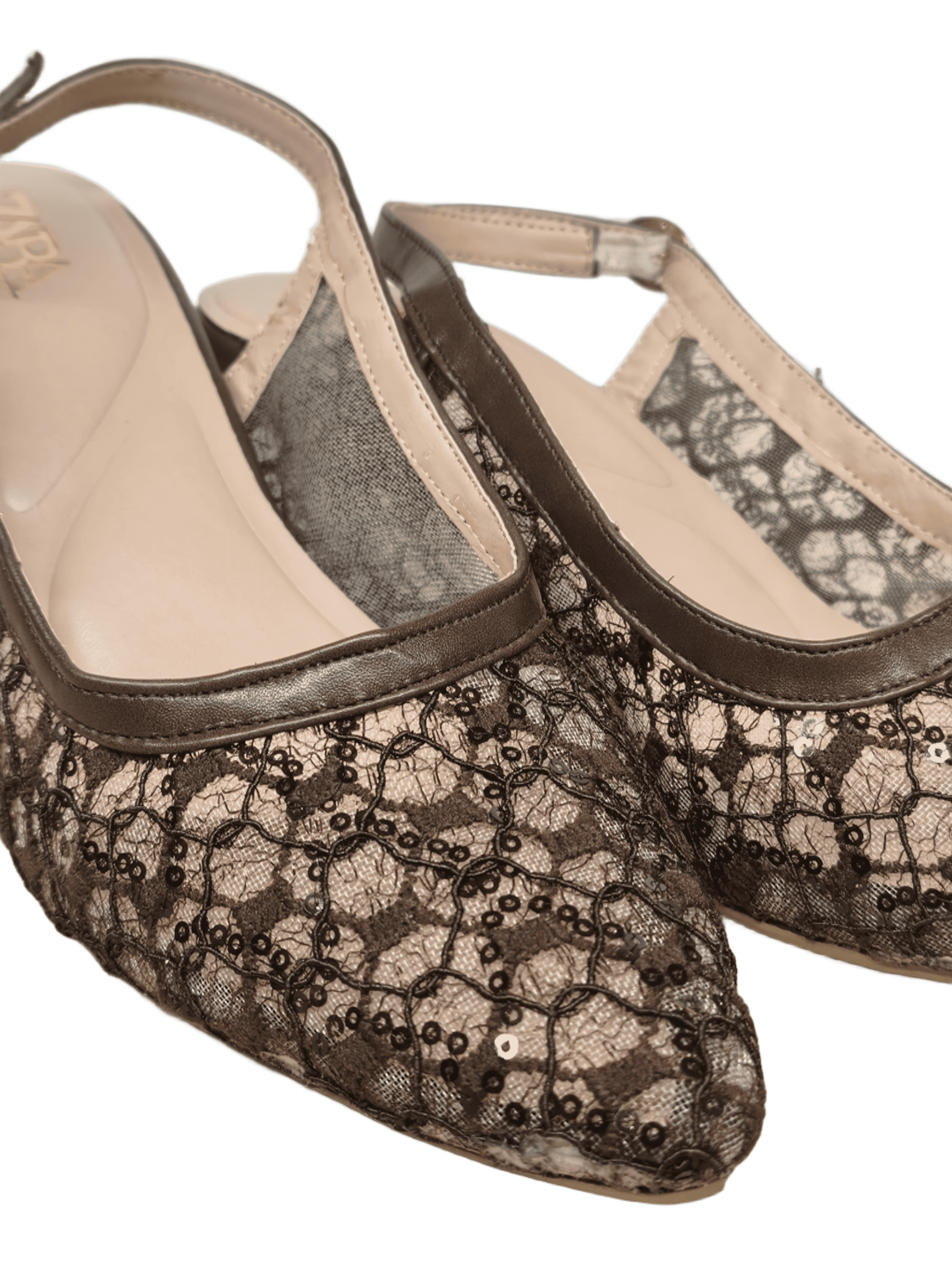 Hello Shoes Women's Brown Mesh Lace Slingback Kitten Heels