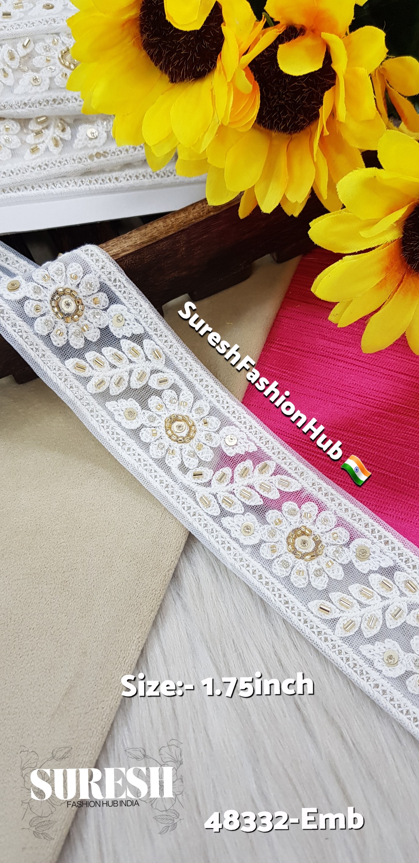 White with Gold Work Floral Net Embroidery Lace – 48332-Emb