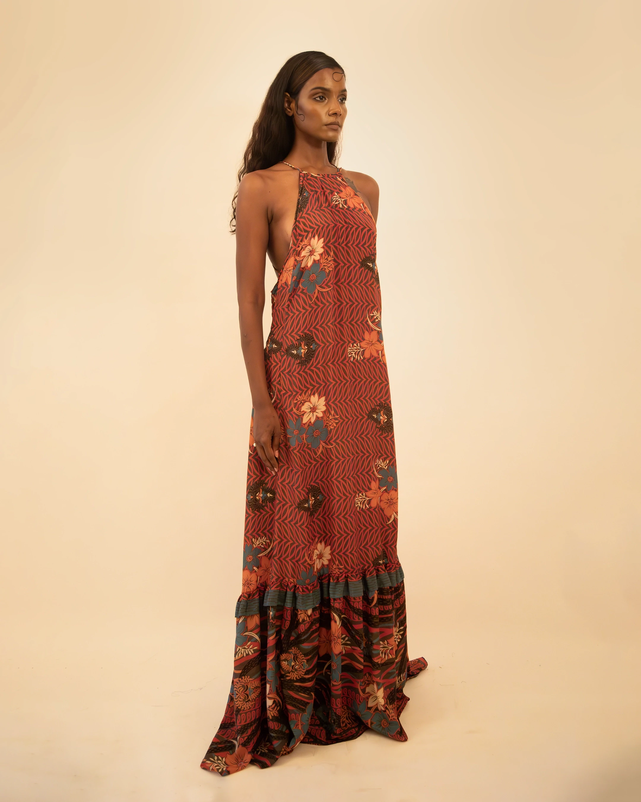 Rust Halter Neck Backless Silk Dress