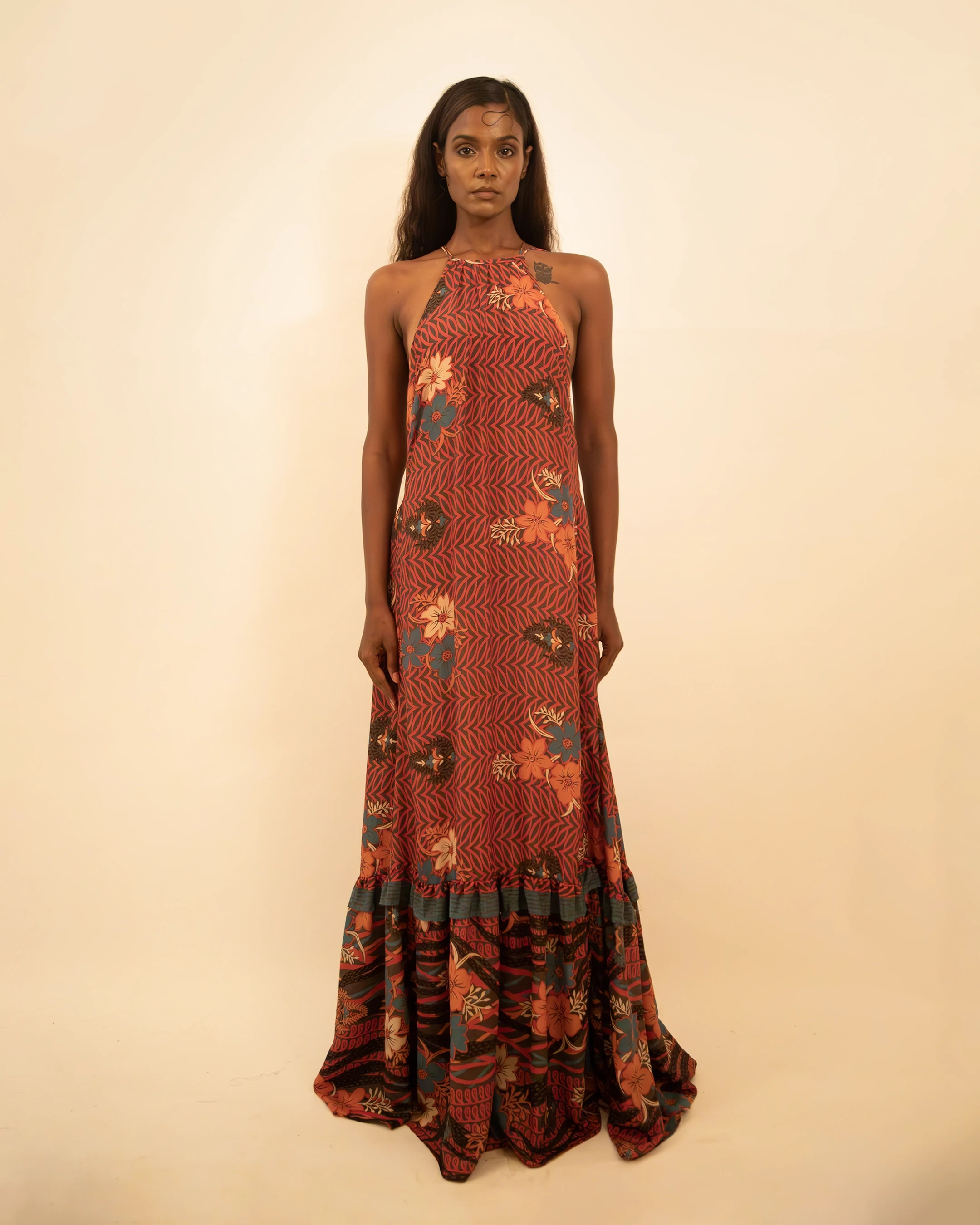 Rust Halter Neck Backless Silk Dress