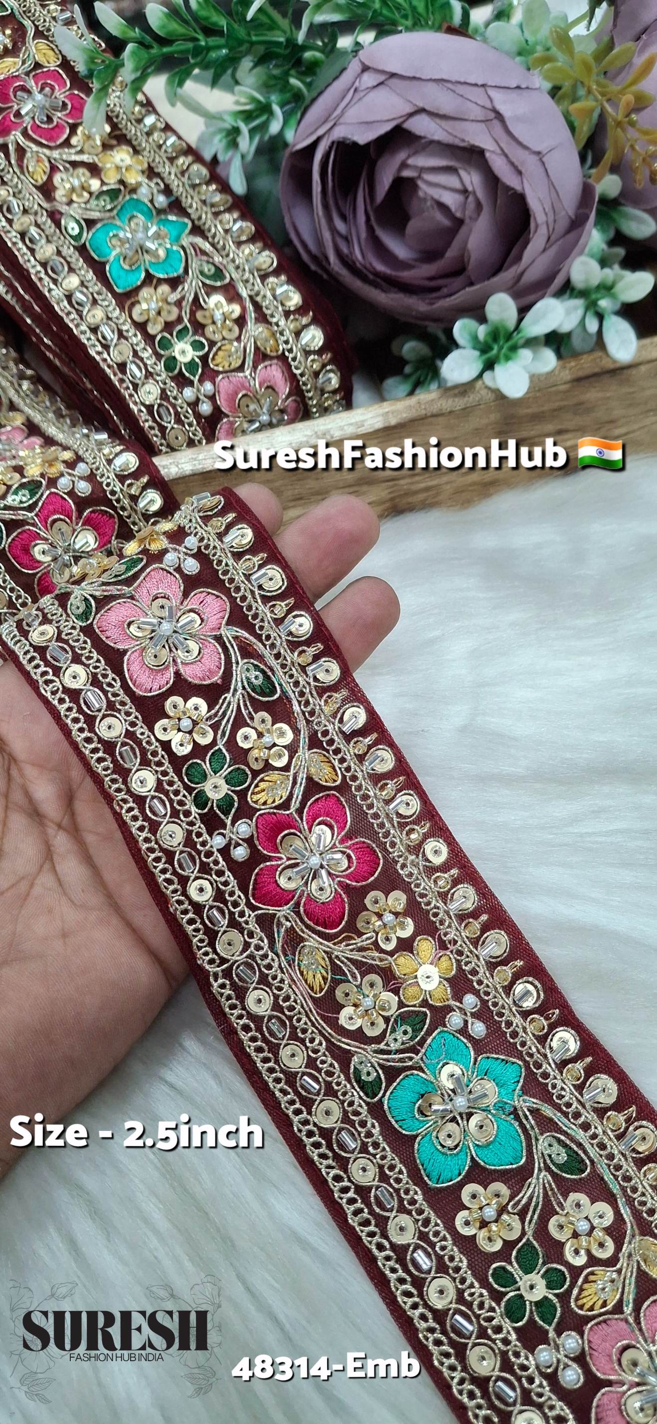 Maroon Multicolor Kaddana Floral Embroidery Lace