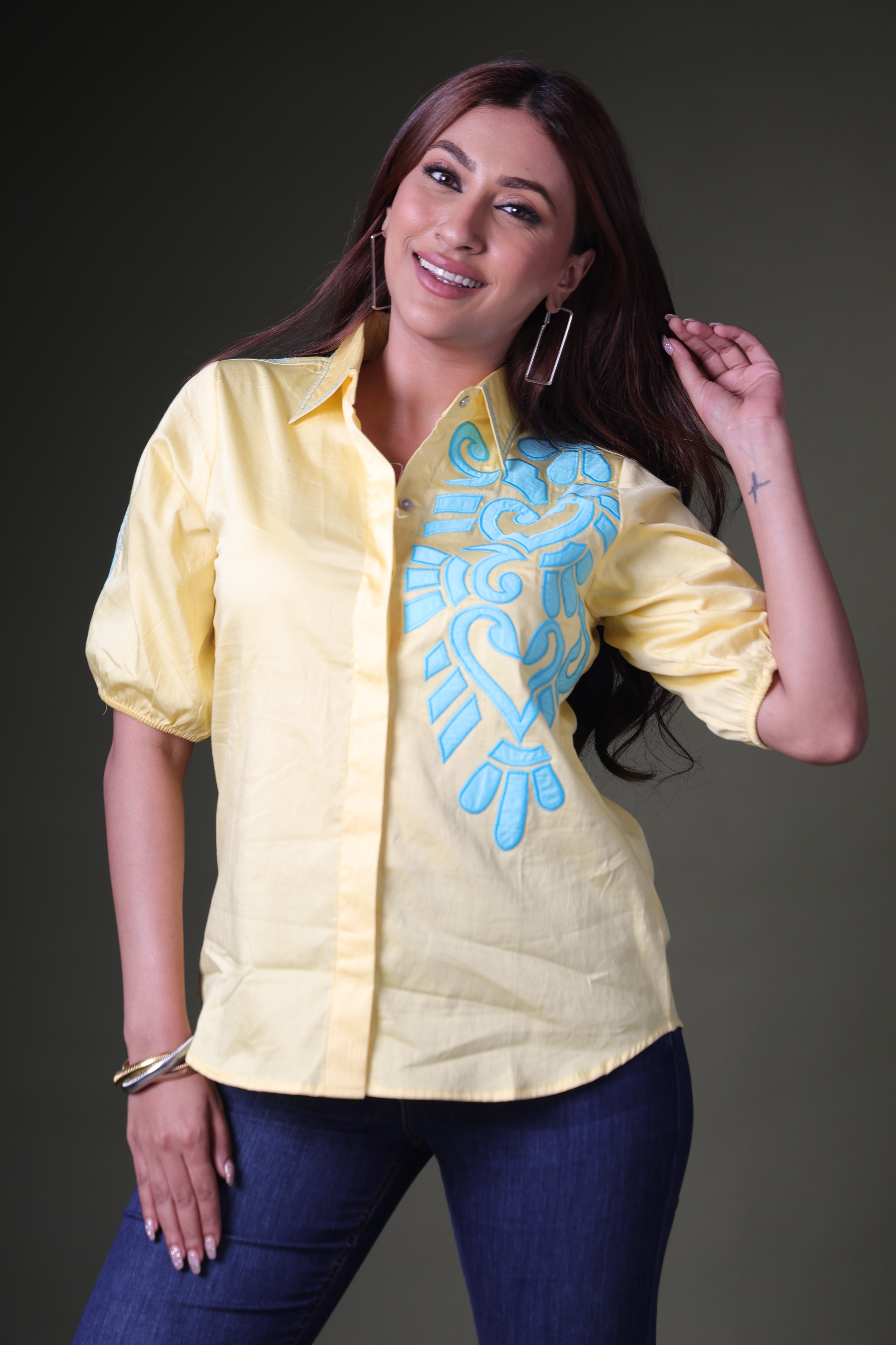 Yellow blue applique shirt
