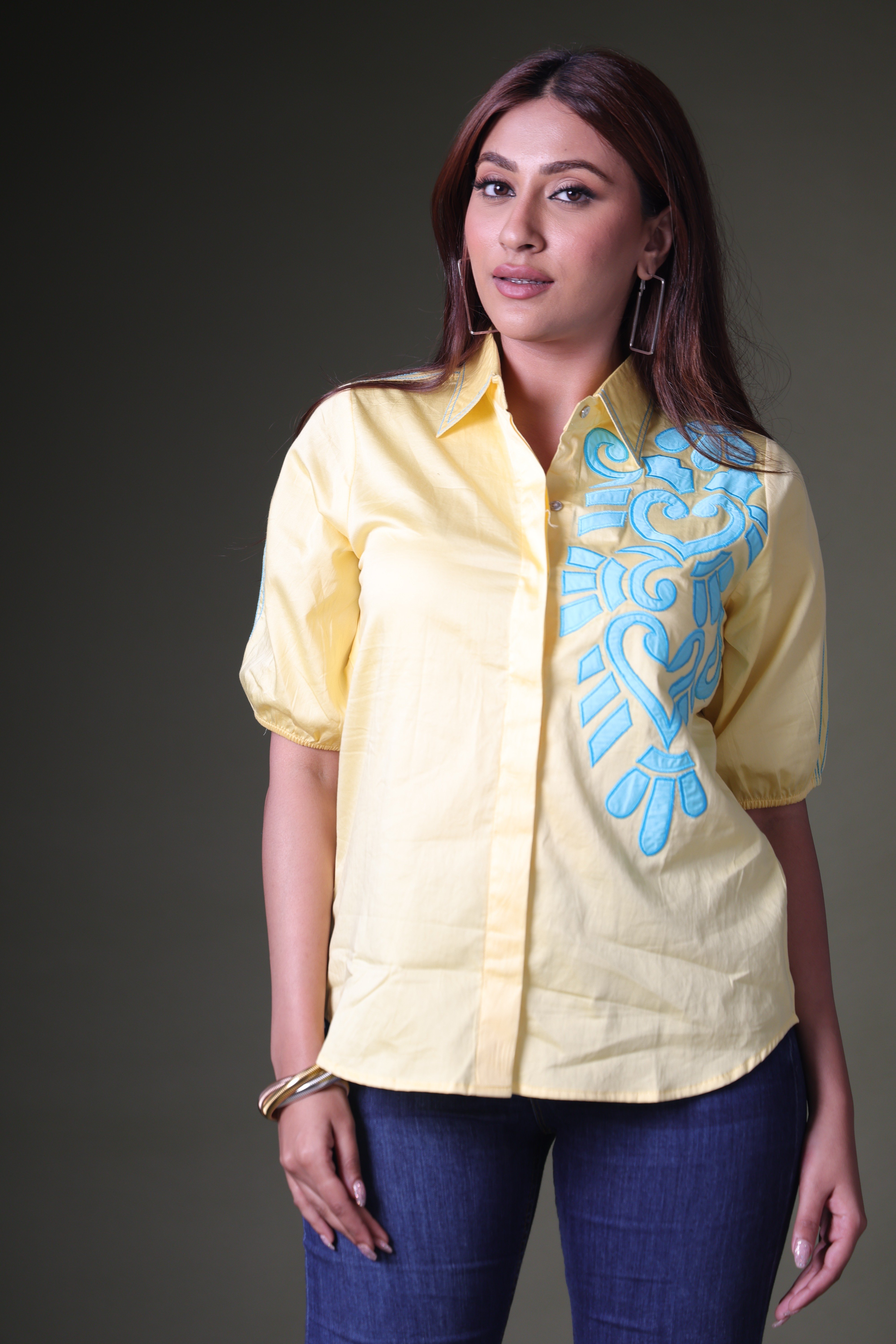 Yellow blue applique shirt