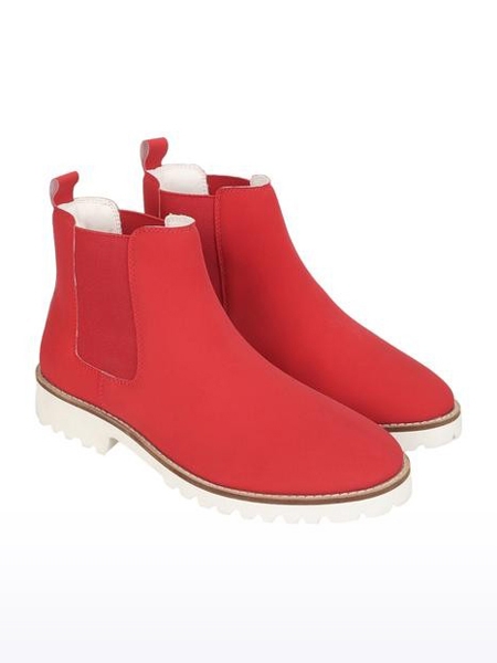 Women's Red Solid Closed Toe Synthetic Leather Boots