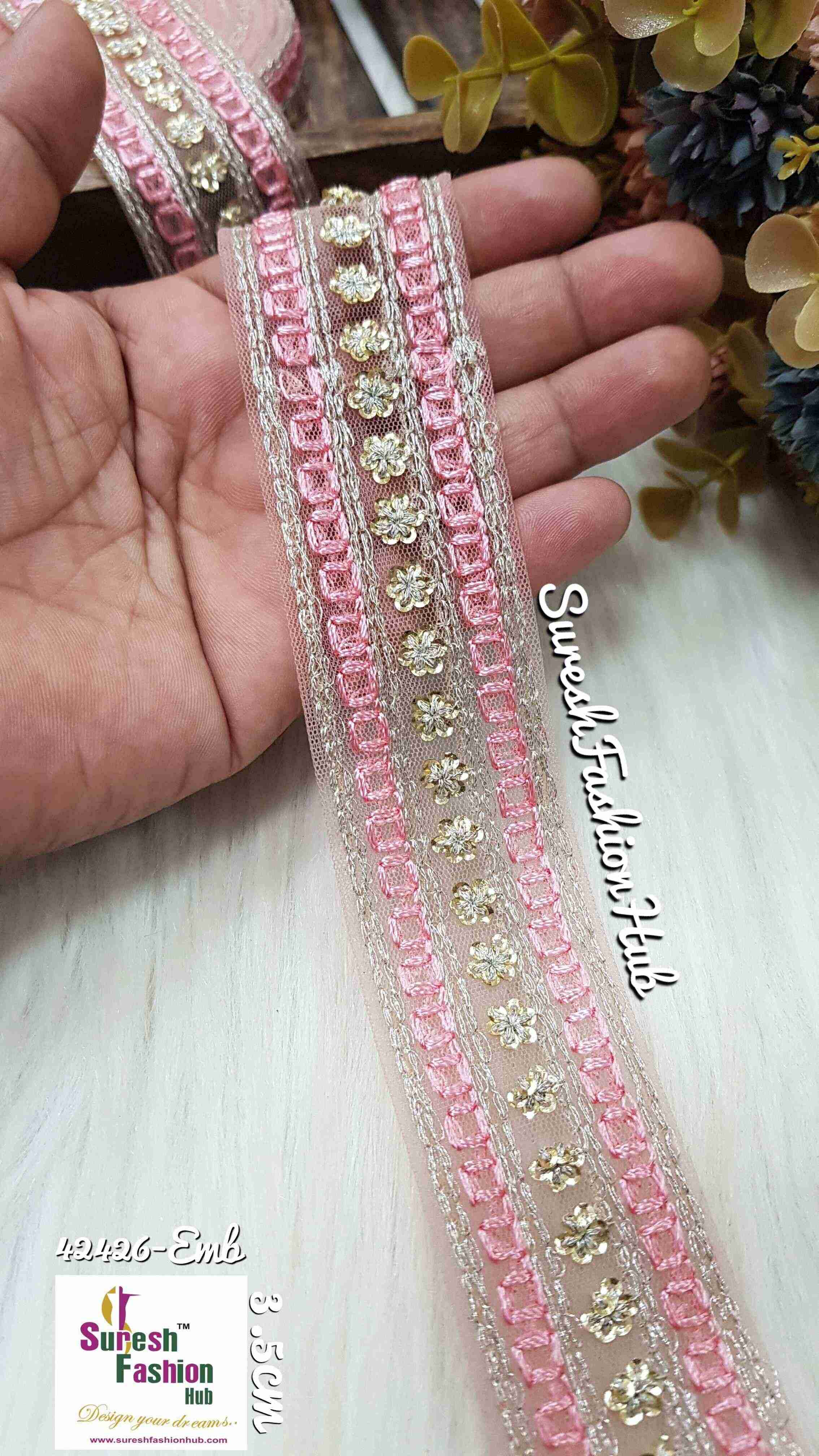 Baby Pink Regal Net Sequin Embellishment Trim