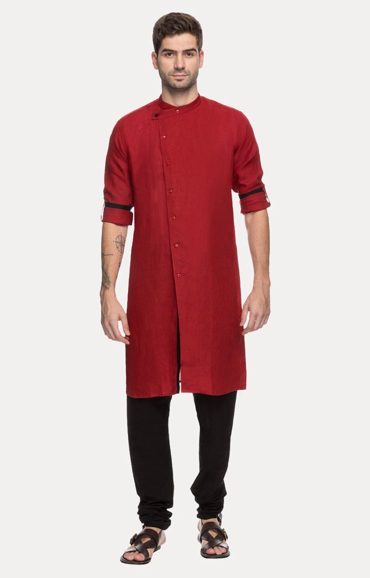 Men's Red Silk Solid Kurtas