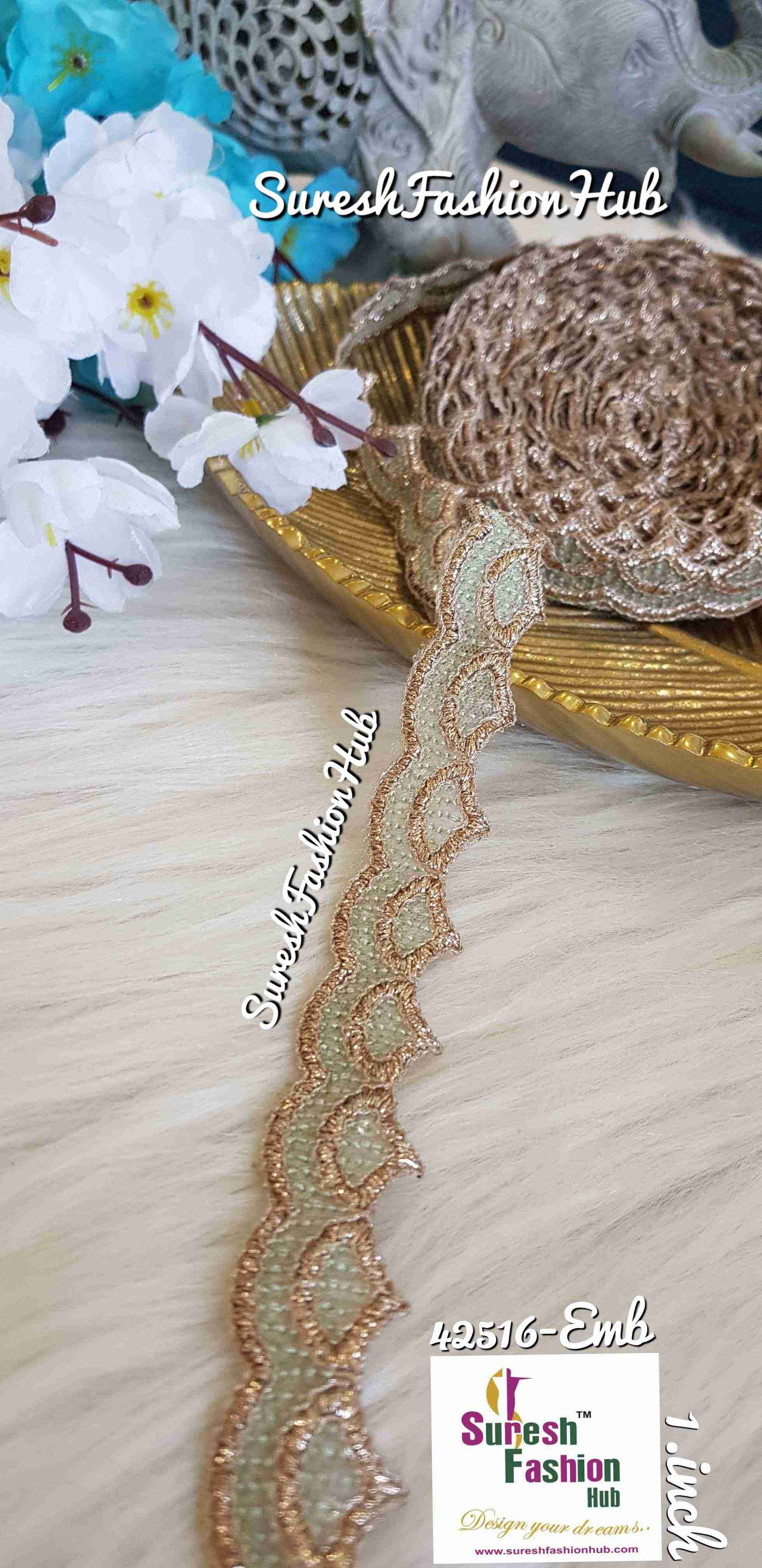 Glittering Mint Green Waves Embroidered Trim