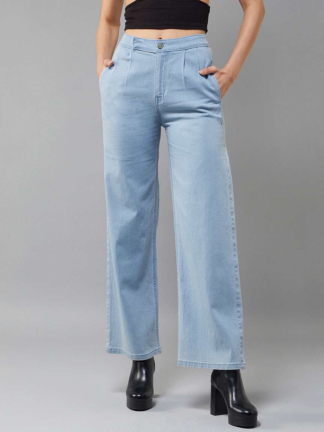 Women's Light Blue Wide-Leg High Rise Clean Look Regular Stretchable Denim Jeans