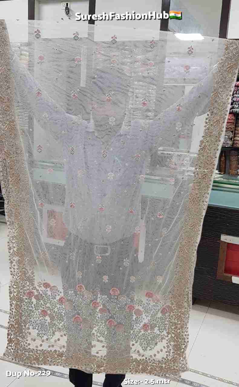 Pink Bluish Grey Floral Threadwork Net Dupatta-229