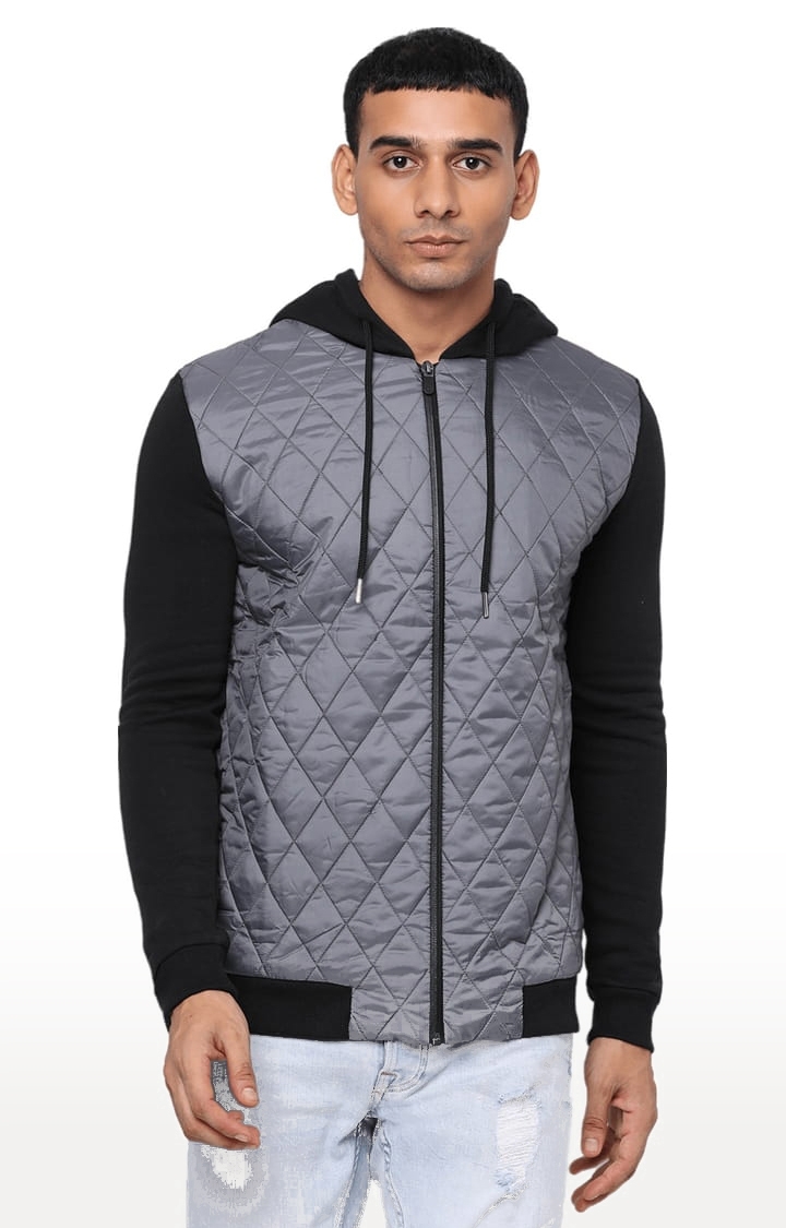 YOONOY | Men's Grey & Black Polyester Quilted Bomber Jacket
